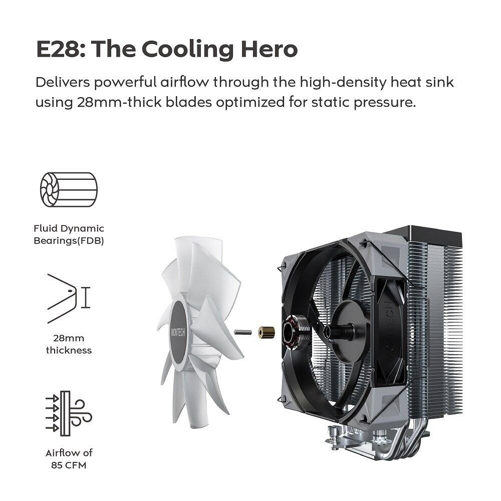 E28: The Cooling Hero

Delivers powerful airflow through the high-density heat sink using 28mm-thick blades optimized for static pressure.

- Fluid Dynamic Bearings (FDB)
- 28mm thickness
- Airflow of 85 CFM