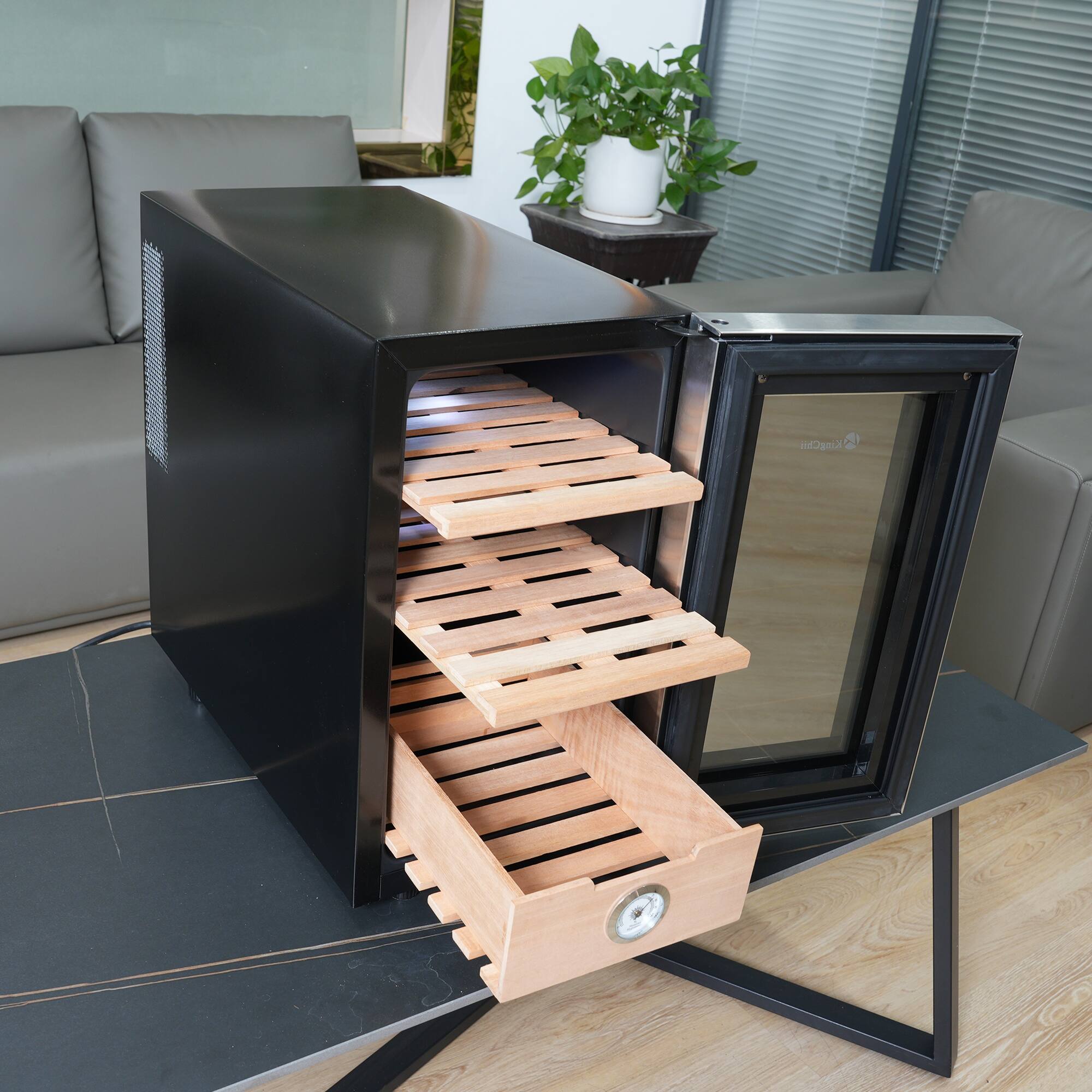 Alt View 7. KingChii - 23L Thermoelectric Cigar Humidor Storage Cabinet with Temp Control, Spanish Cedar Shelves and Hygrometer(150 Capacity) - Black.