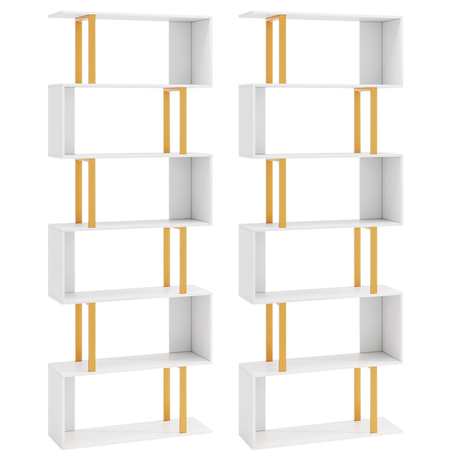 Alt View 9. Gymax - Gymax 2 PCS 6-Tier Geometric Bookcase 74.5-Inch S-Shaped Bookshelf w/ Metal Frame Gold - White, Gold.