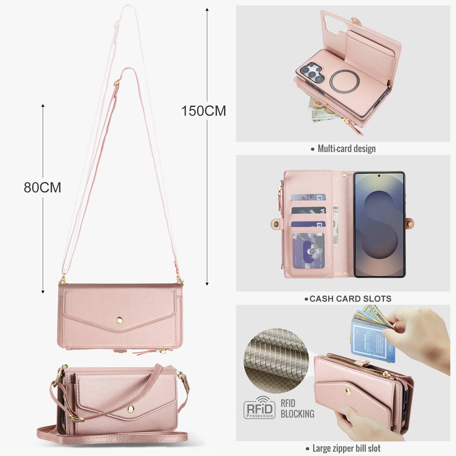 150CM Multi-card design  
80CM CASH CARD SLOTS RFID RFiD Protection BLOCKING Large zipper bill slot