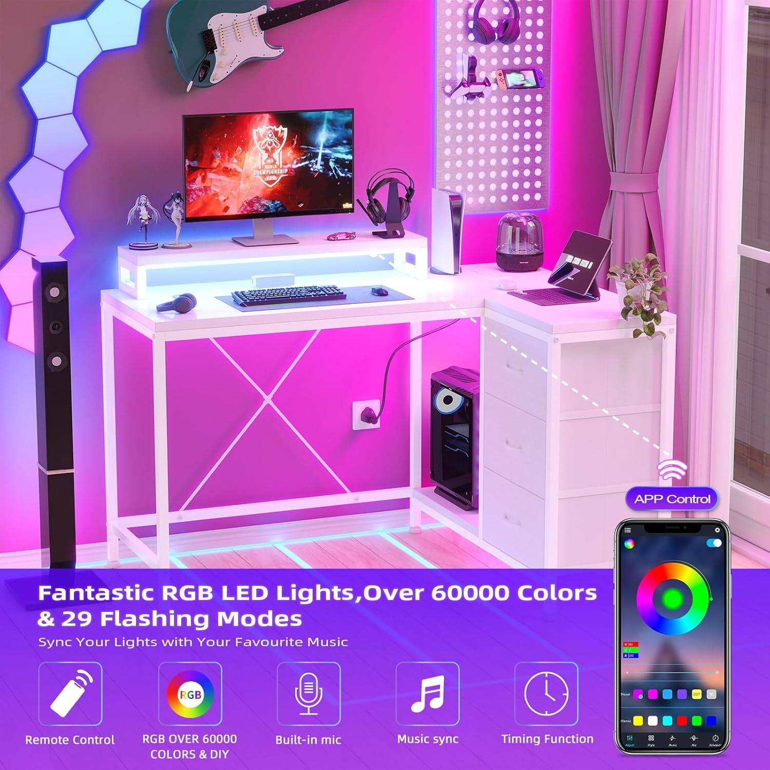 Fantastic RGB LED Lights, Over 60000 Colors & 29 Flashing Modes  
Sync Your Lights with Your Favourite Music  

- Remote Control  
- RGB OVER 60000 COLORS & DIY  
- Built-in mic  
- Music sync  
- Timing Function  

APP Control