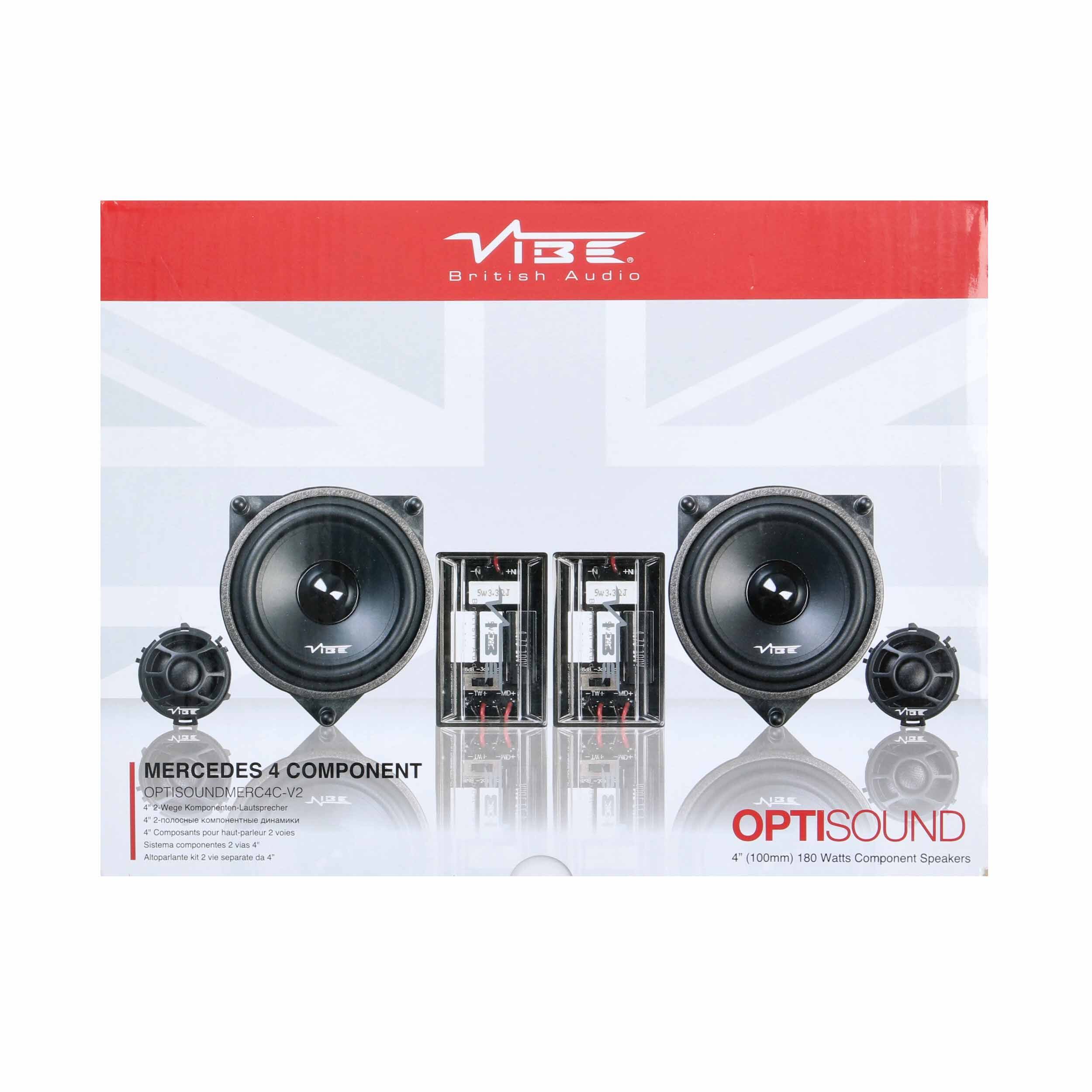 VBE British Audio  
OPTISOUND MERCEDES 4 COMPONENT  
OPTISOUND MERC4C-V2  
4" (100mm) 180 Watts Component Speakers  

- 4-Way Komponenten-Lautsprecher  
- 4 Components pour haut-parleur 2 voies  
- Sistema componentes 2 vías 4"  
- Altoparlante kit 2 via separata da 4"