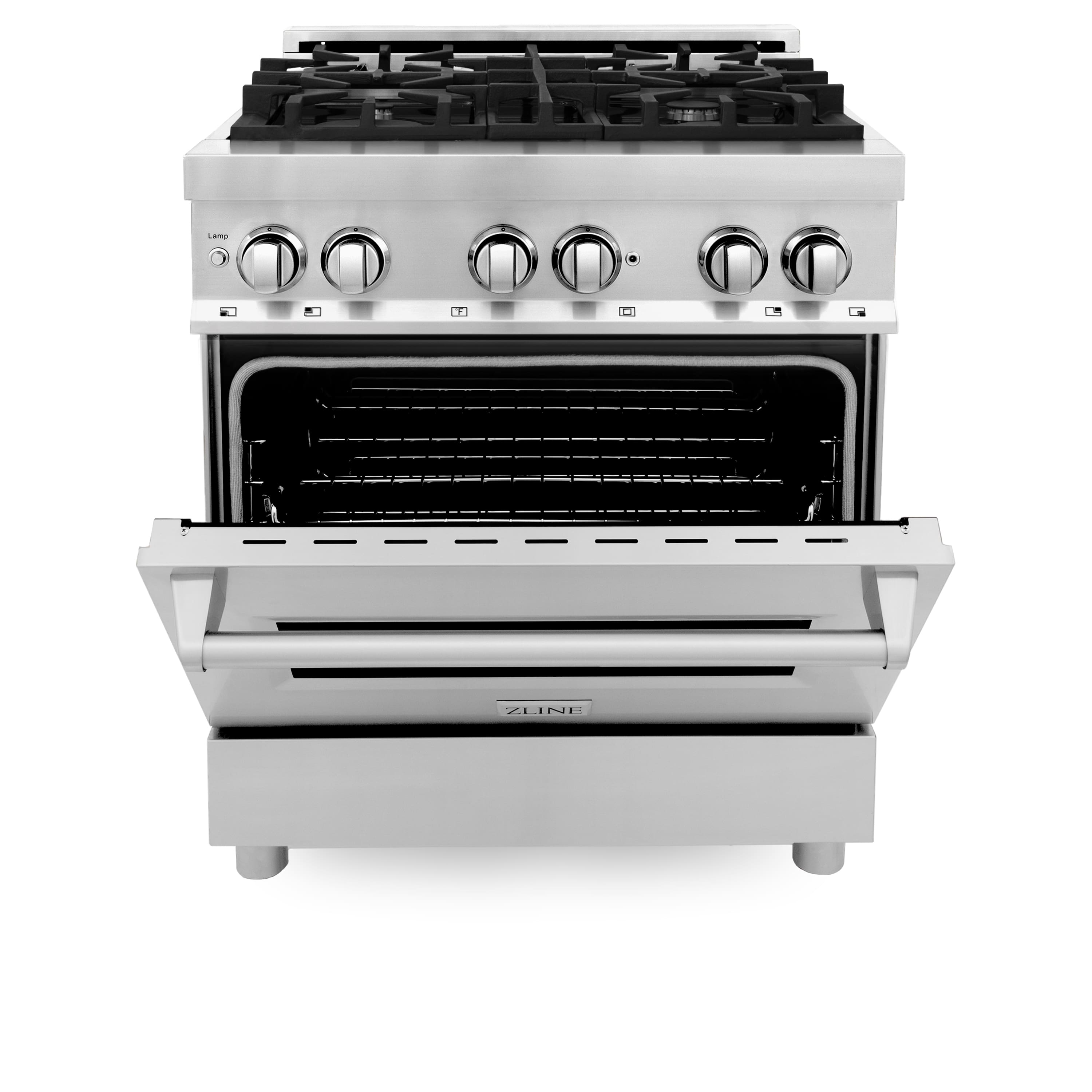 Angle. ZLINE - 30" Legacy Dual Fuel Range w/ 4 Burner Gas Cooktop and Electric Convection Oven (RA30) - Stainless steel.