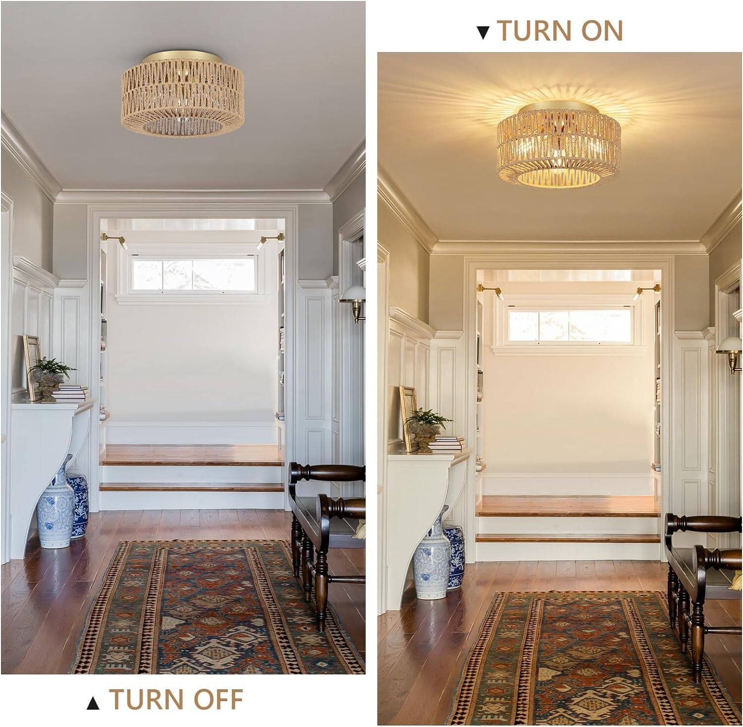 MERAVOM Boho Light Fixtures Ceiling Mount, 3 Light Rattan Ceiling Light ...