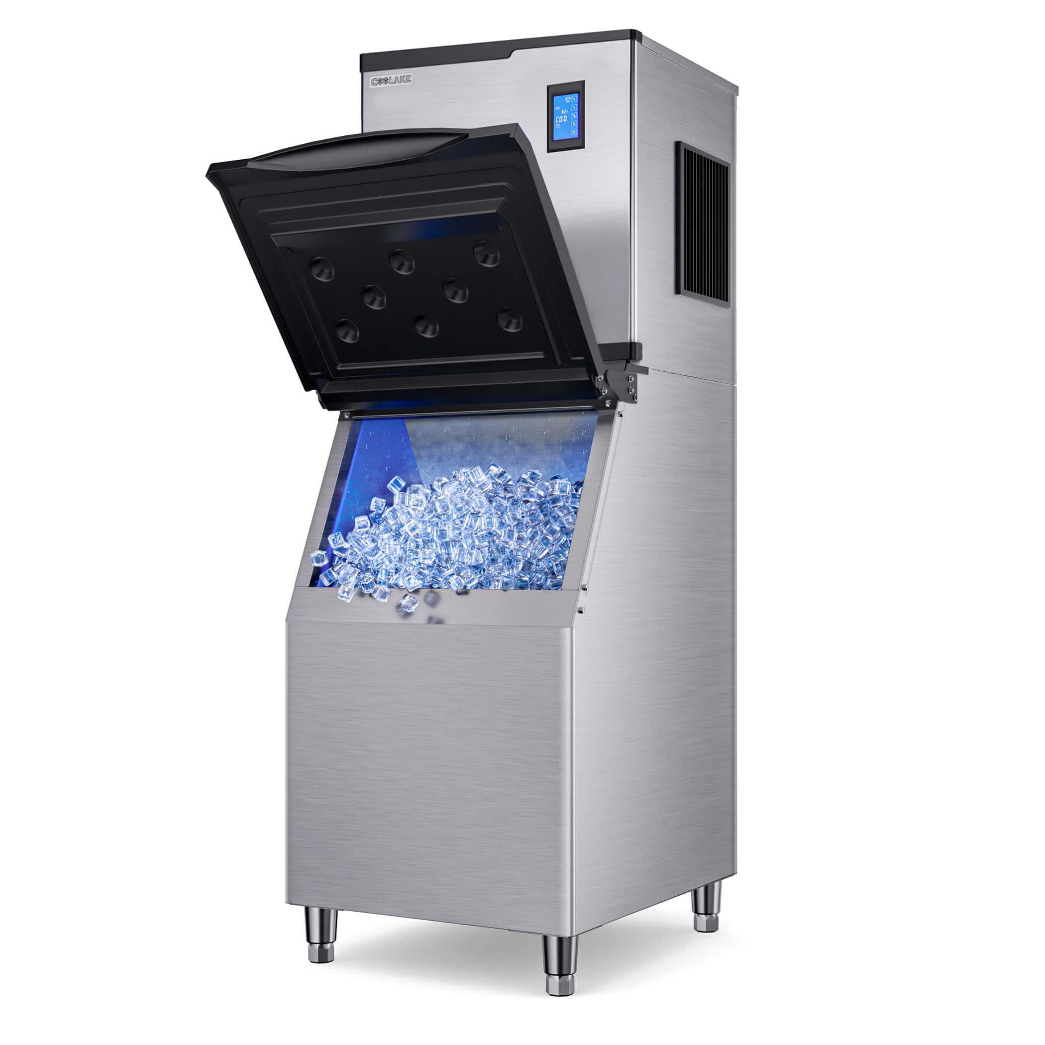 Coolake - 22" Commercial Ice Maker Machine 450lbs with 360lb Large Storage| Full Cube Air Cooled Stainless Steel Freestand - Silver