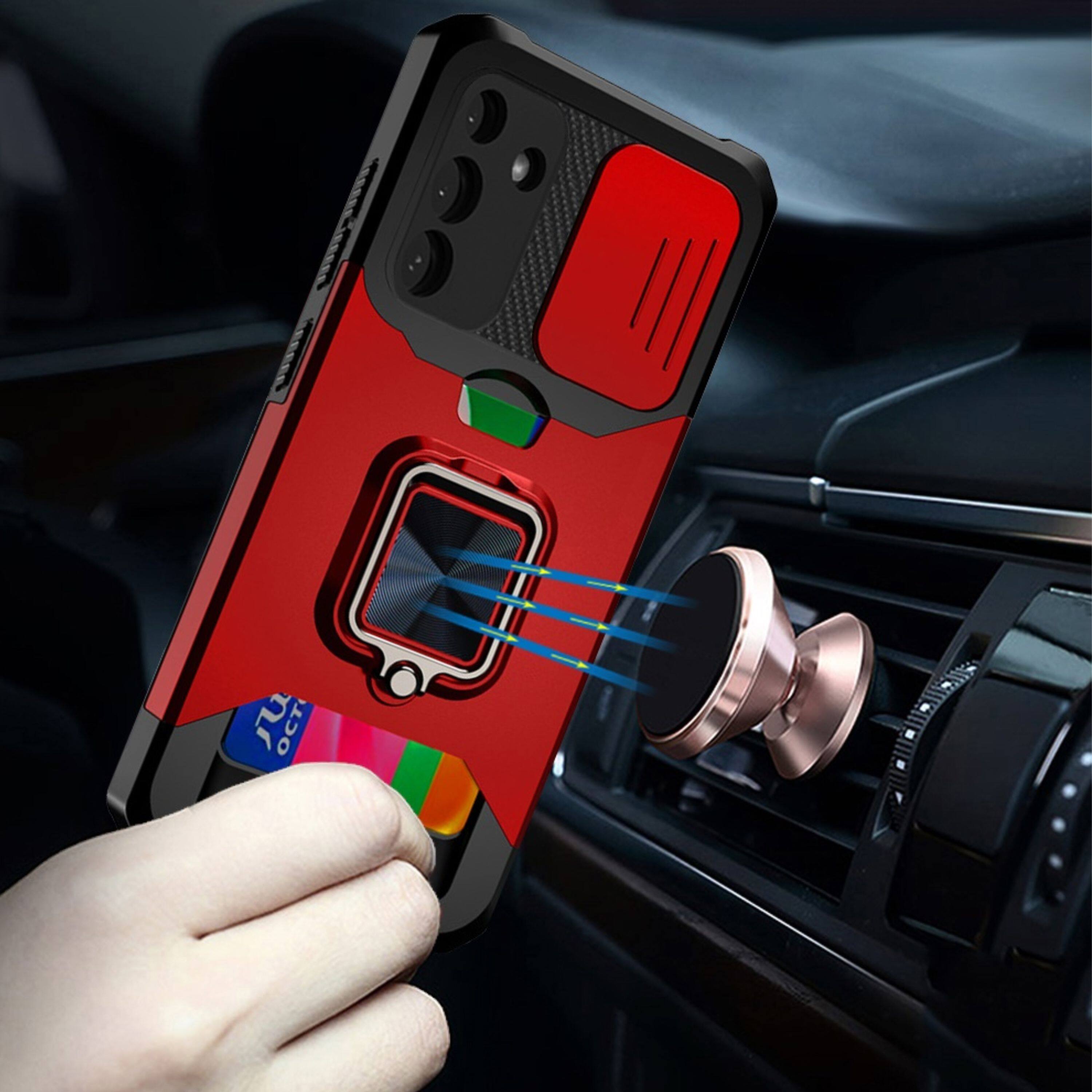 Angle. Kitcheniva - Multi-Use Card Magnetic Ring Stand Phone Case With Tempered Glass For Samsung Galaxy S25/S24 Red - Red.
