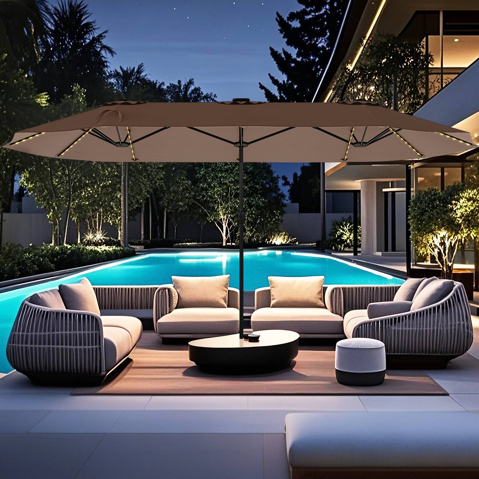 Alt View 1. Gymax - Gymax 15.5 FT Double-sided Patio Umbrella w/ Solar Lights Outdoor Twin Size Umbrella Coffee - Coffee.