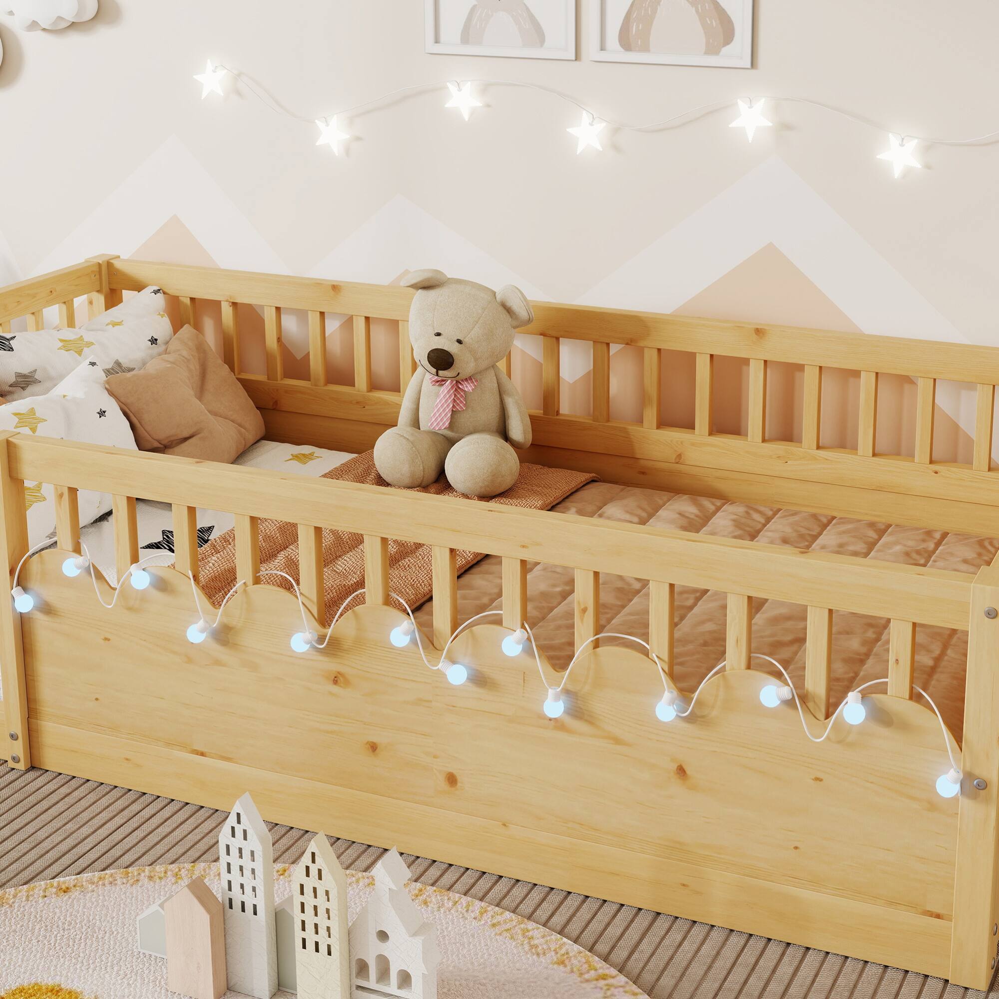 Back. GOODSILO - Twin Montessori Low Profile Floor Bed Frame with Safety Rails, LED Lighting and Storage Shelf for Children's Bedroom - Natural.