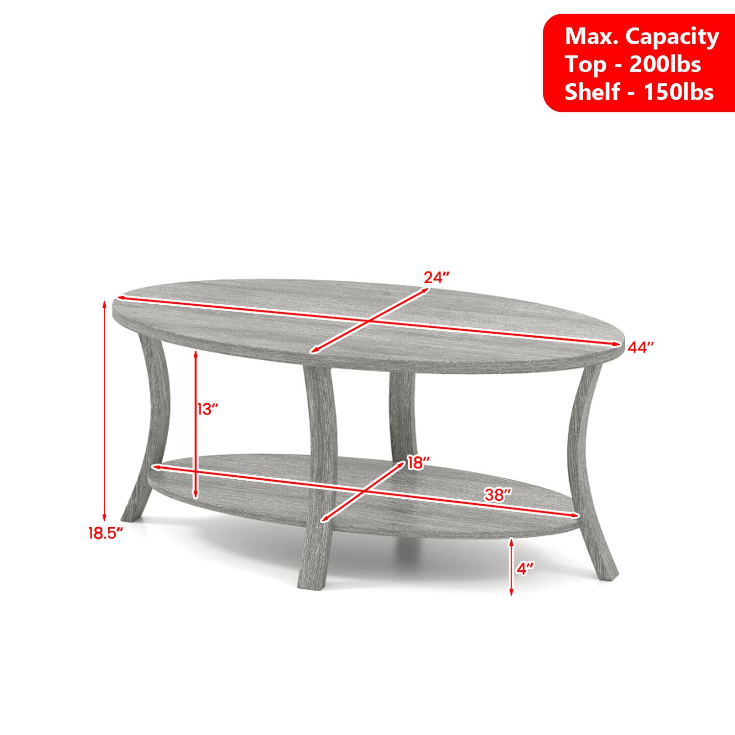 Max. Capacity  
Top - 200lbs  
Shelf - 150lbs  

24"  
44"  
13"  
18"  
38"  
18.5"  
4"