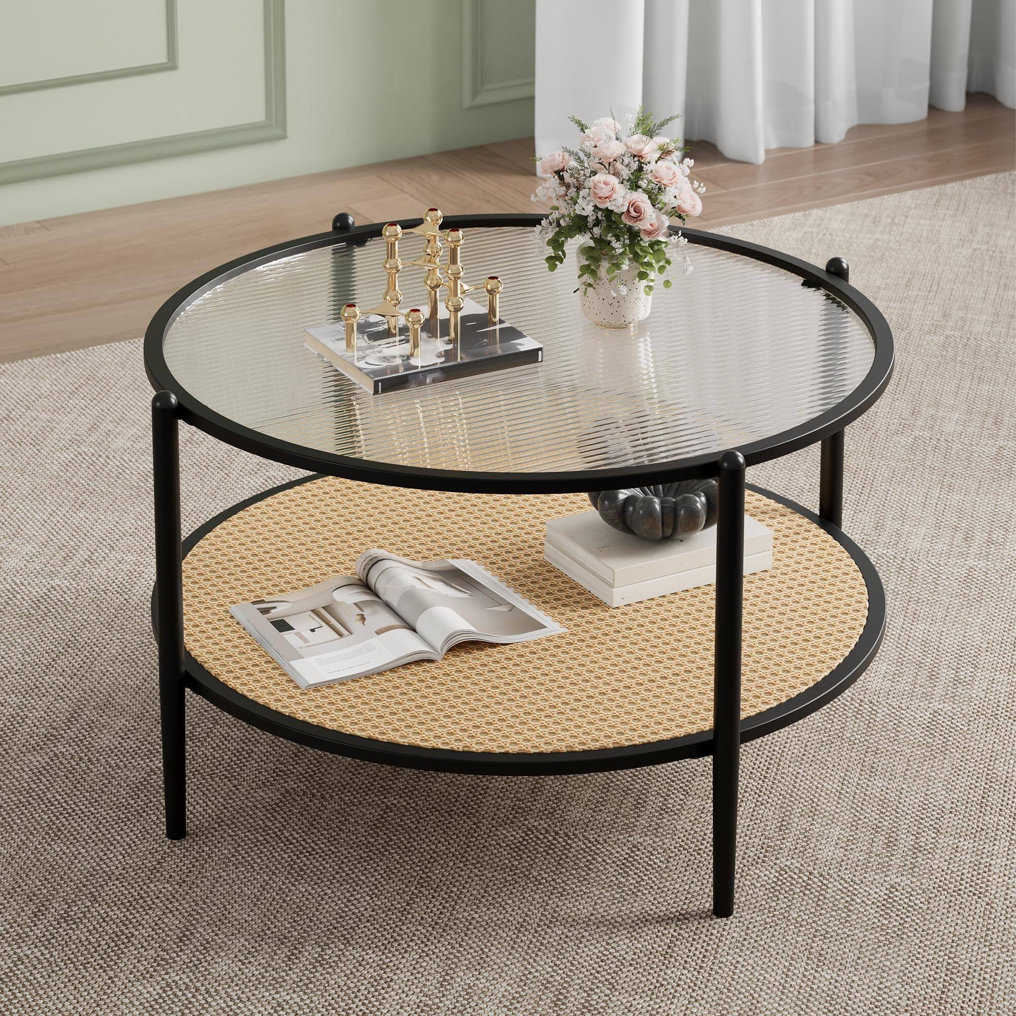 Front. Jojoka - 30" Rattan Coffee Table, 2-Tier Round End Table with Storage, Water-Wave Glass Top - Black.