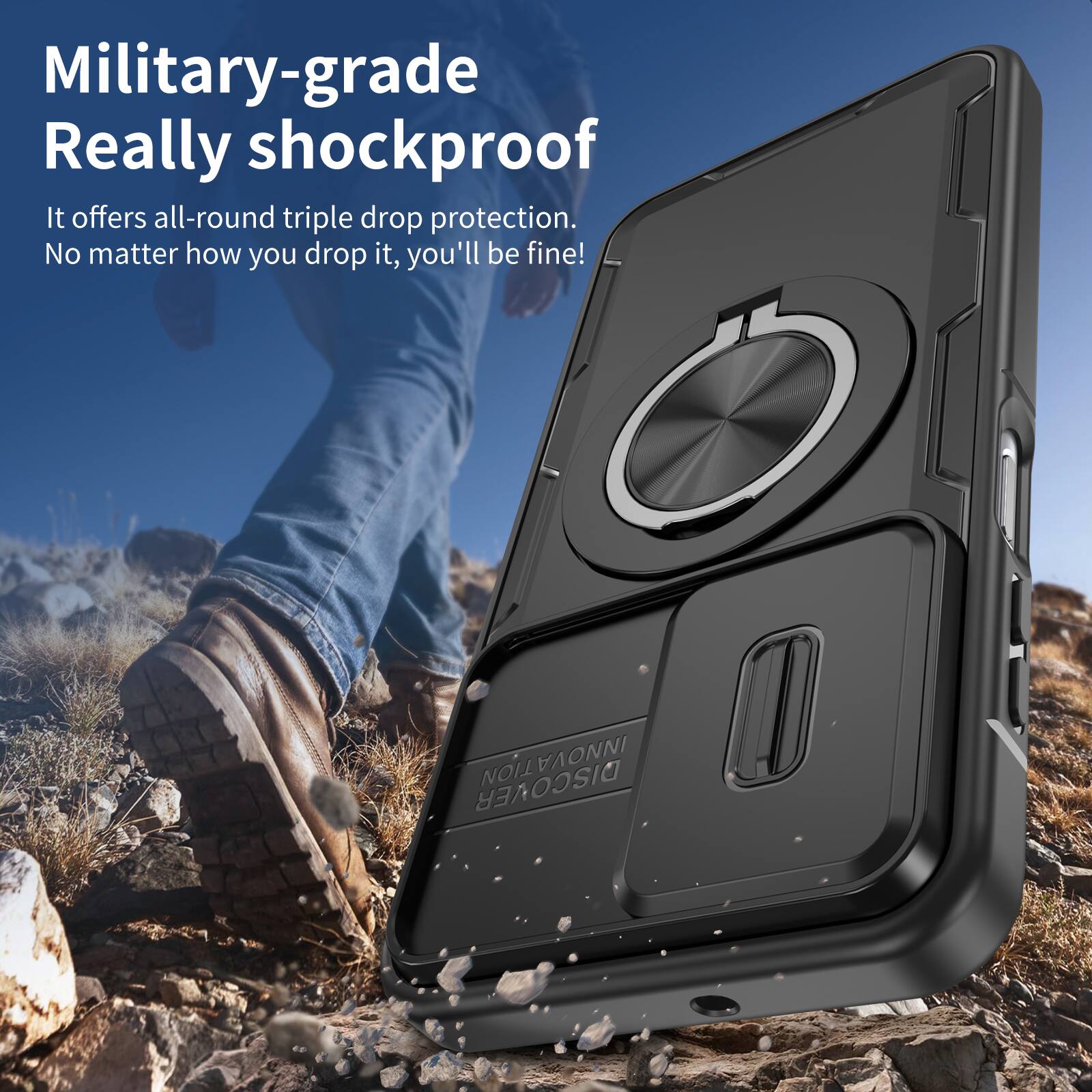 Military-grade Really shockproof.  
It offers all-round triple drop protection.  
No matter how you drop it, you'll be fine!  

INNOVATION VA ONNI DISCOVER