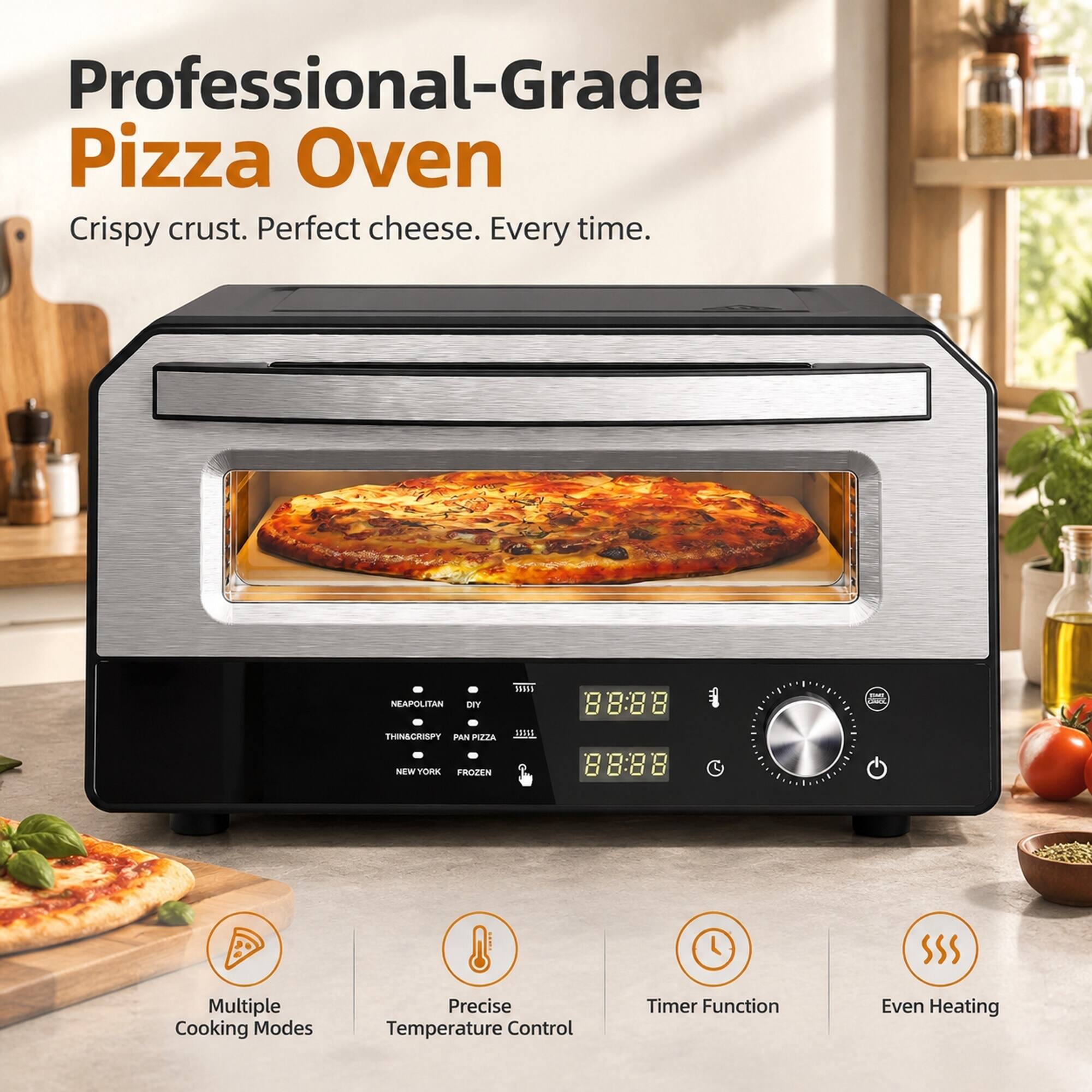 Professional-Grade Pizza Oven  
Crispy crust. Perfect cheese. Every time.  

NEAPOLITAN  
DIY  
THINCRISPY  
PAN PIZZA  
NEW YORK  
FROZEN  

Multiple Cooking Modes  
Precise Temperature Control  
Timer Function  
Even Heating