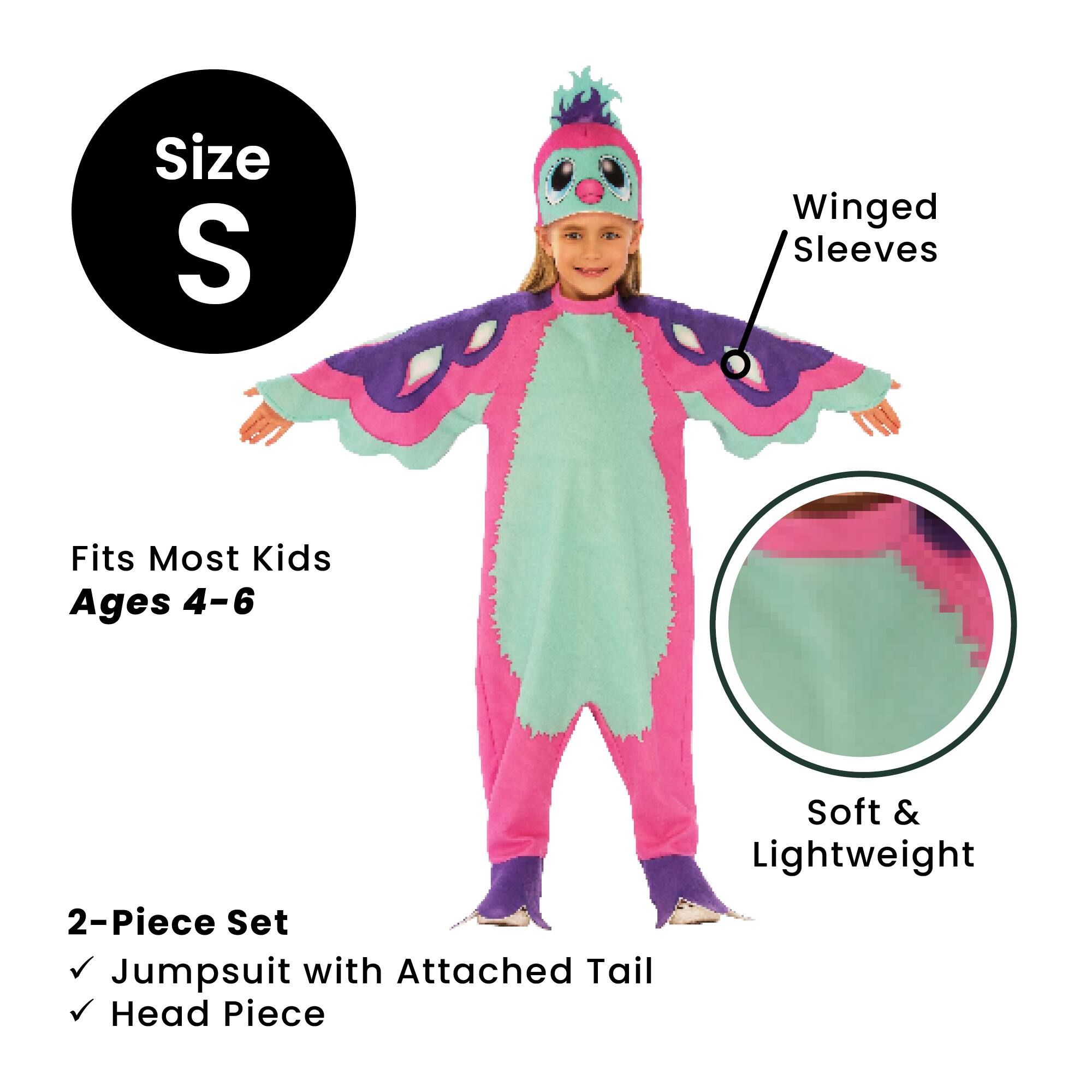 - Size S
- Fits Most Kids Ages 4-6
- Winged Sleeves
- 2-Piece Set
  - Jumpsuit with Attached Tail
  - Head Piece
- Soft & Lightweight