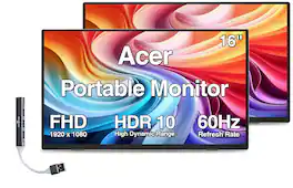 Acer - 16" Portable IPS Monitor, 6ms Response Time, Anti-Glare, HDR10, Built-in Speakers, Mini HDMI & DKZ Hub 2 Pack - Black/Silver