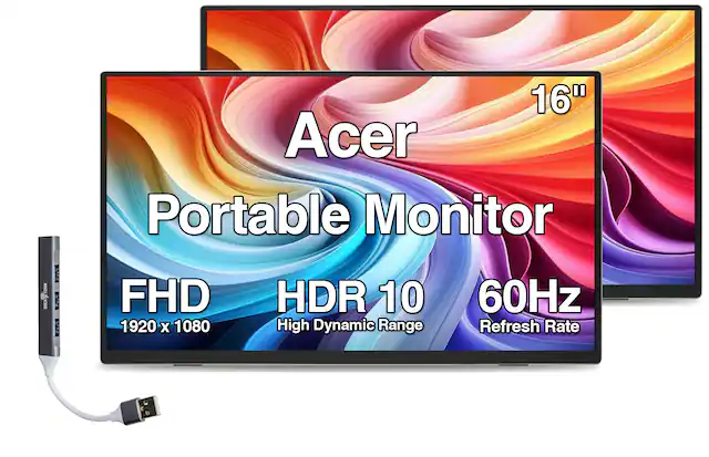 16" Acer Portable Monitor
TORM DOCKVSTORM
FHD 1920 x 1080
HDR 10 High Dynamic Range
60Hz Refresh Rate
