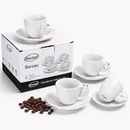 Bacimi - Espresso Coffee Cups Set of 4 with Saucers 3oz Thick Porcelain Barista Style - White