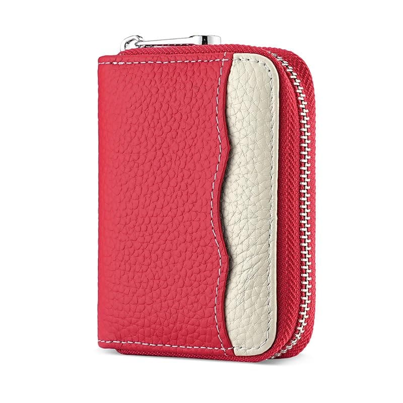 Jadie Link - Rfid Slots Credit Card Holder Genuine Leather Small Wallet Women Men Zipper Real Leather Genuine Leather Credit Card - New Red