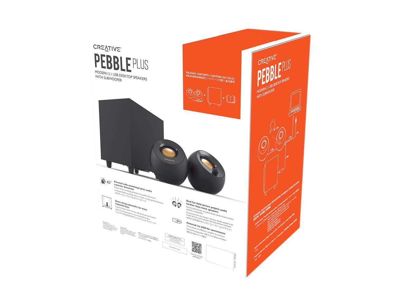 **Creative Pebble Plus**

**Modern 2.1 USB Desktop Speakers with Subwoofer**

**Package Contents:**
- Creative Pebble Plus Speakers
- Subwoofer
- Power Cable
- User Manual

**Features:**
- 45° Elevated wide soundstage gives audio a more immersive experience.
- Dual far-field drivers project audio farther than most desktop speakers.
- Powered via USB for convenience.

**Specifications:**
- Subwoofer: 45W RMS
- Satellite Speakers: 2 x 2W RMS
- Frequency Response: 60Hz - 20kHz
- Connectivity: USB

**Design:**
- Sleek and compact design for modern desktops.

**Powering:**
- Powered via USB for easy setup and convenience.

**Warranty:**
- 1-year warranty.

**Additional Information:**
- Includes a QR code for product support and updates.

**Content du Colis:**
- Enceintes Creative Pebble Plus
- Subwoofer
- Câble d’alimentation
- Manuel d’utilisateur

**Características:**
- Étage sonore élargi pour une expérience immersive.
- Deux haut-parleurs à champ proche