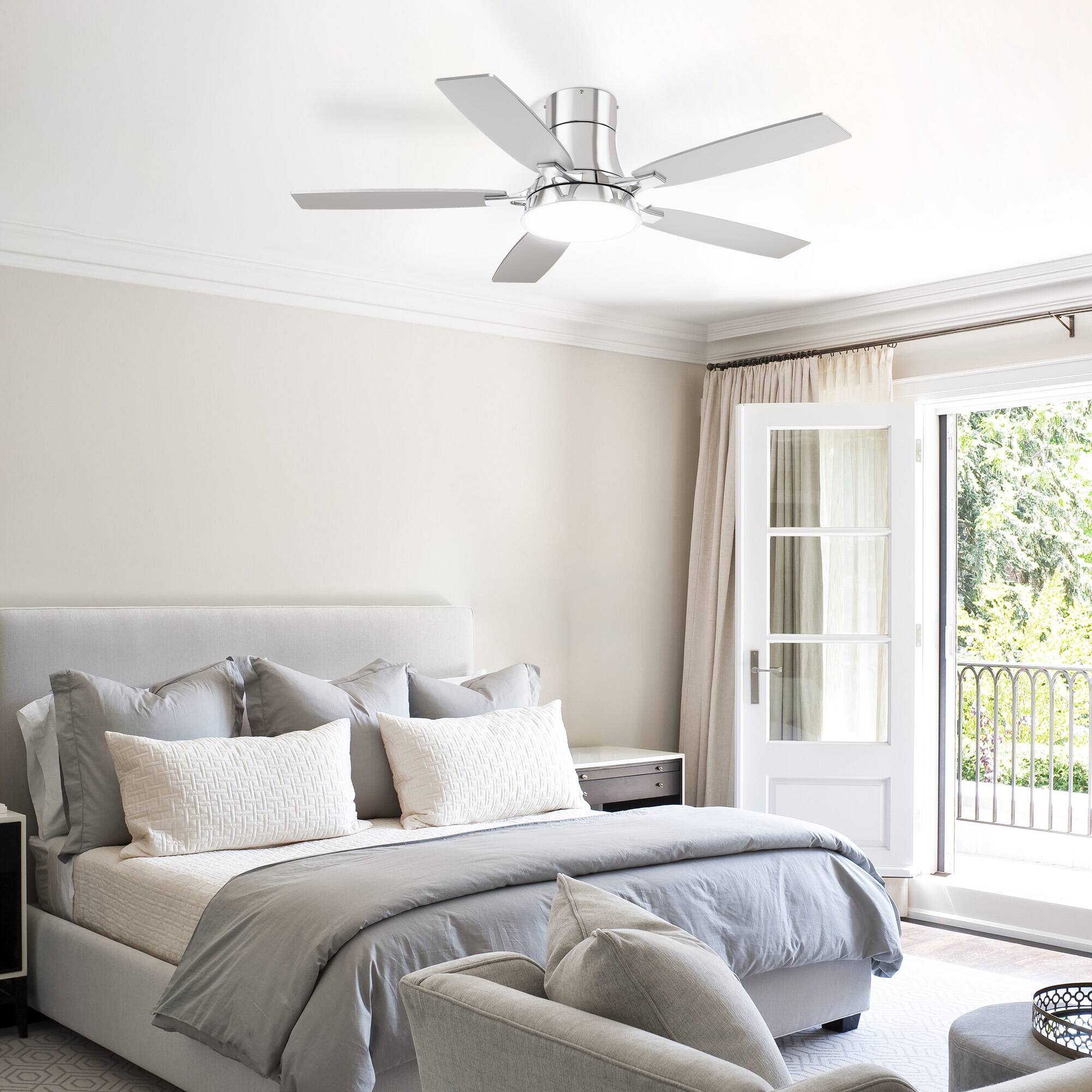 Front. Siljoy - 52 Inch Silver Low Profile Flush Mount Ceiling Fan with Light Reand mote Reversible Dimmable for Bedroom Living Room - Silver.