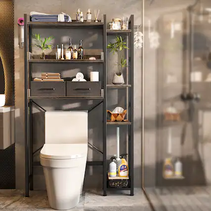 Front. Aheaplus - Over the Toilet Storage with 2 Drawers, 7-Tier Freestanding Space Save Bathroom Organizer Shelf with 4 Hooks - Gray Oak.