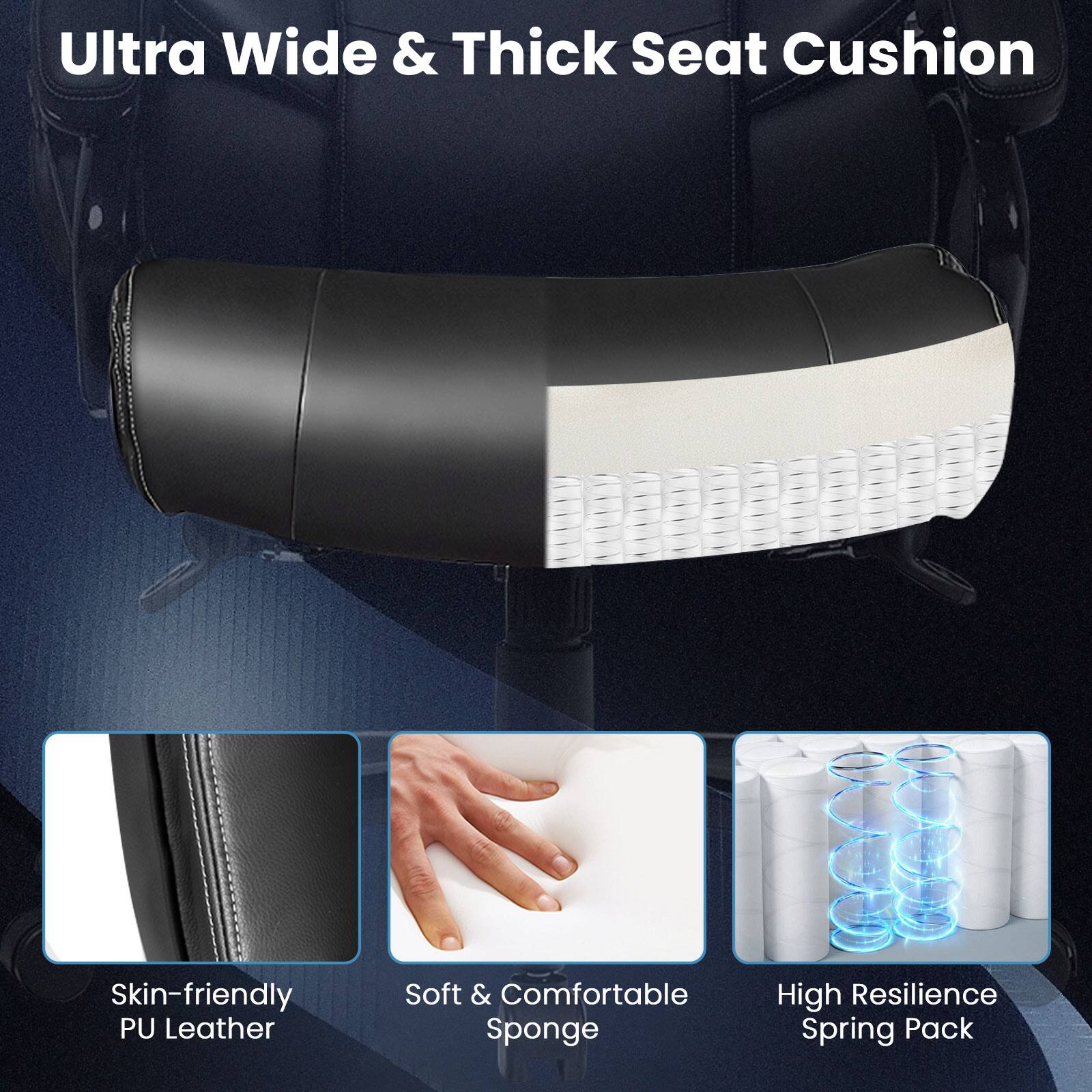 Ultra Wide & Thick Seat Cushion: Skin-friendly PU Leather, Soft & Comfortable Sponge, High Resilience Spring Pack.