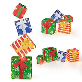 Costway - Lighted Gift Boxes Set of 4 with Warm White LED Lights & Pre-Assembled Ribbons - Multicolor