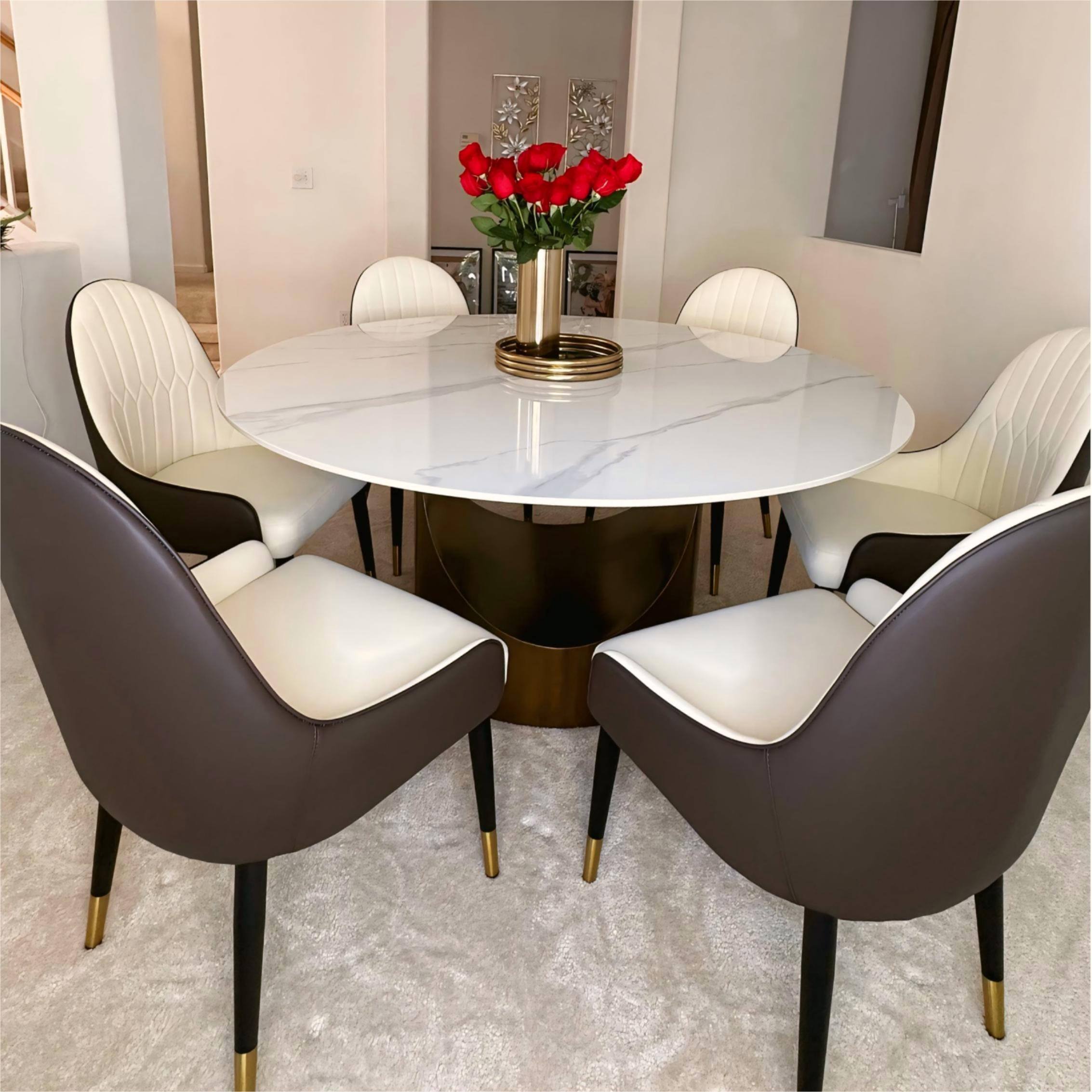 Left. POVISON - Modern Beige Dining Chair With PU Leather (Set of 6), Metal Legs，Brown & Beige Chair - Gray & Beige PU Leather.