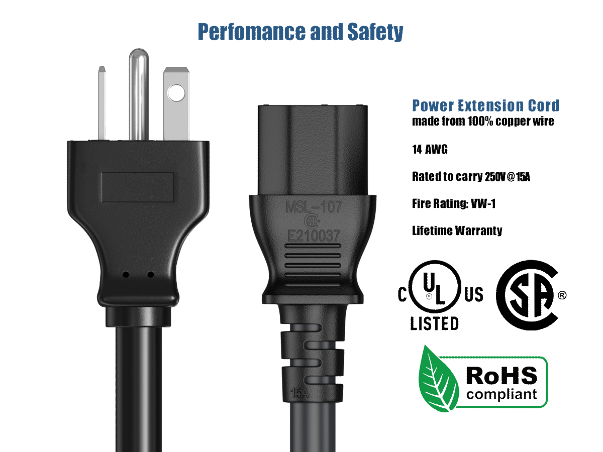Performance and Safety

MSL-107 E210037

Power Extension Cord made from 100% copper wire
14 AWG
Rated to carry 250V@15A
Fire Rating: VW-1
Lifetime Warranty

15A

UL US LISTED

RoHS compliant