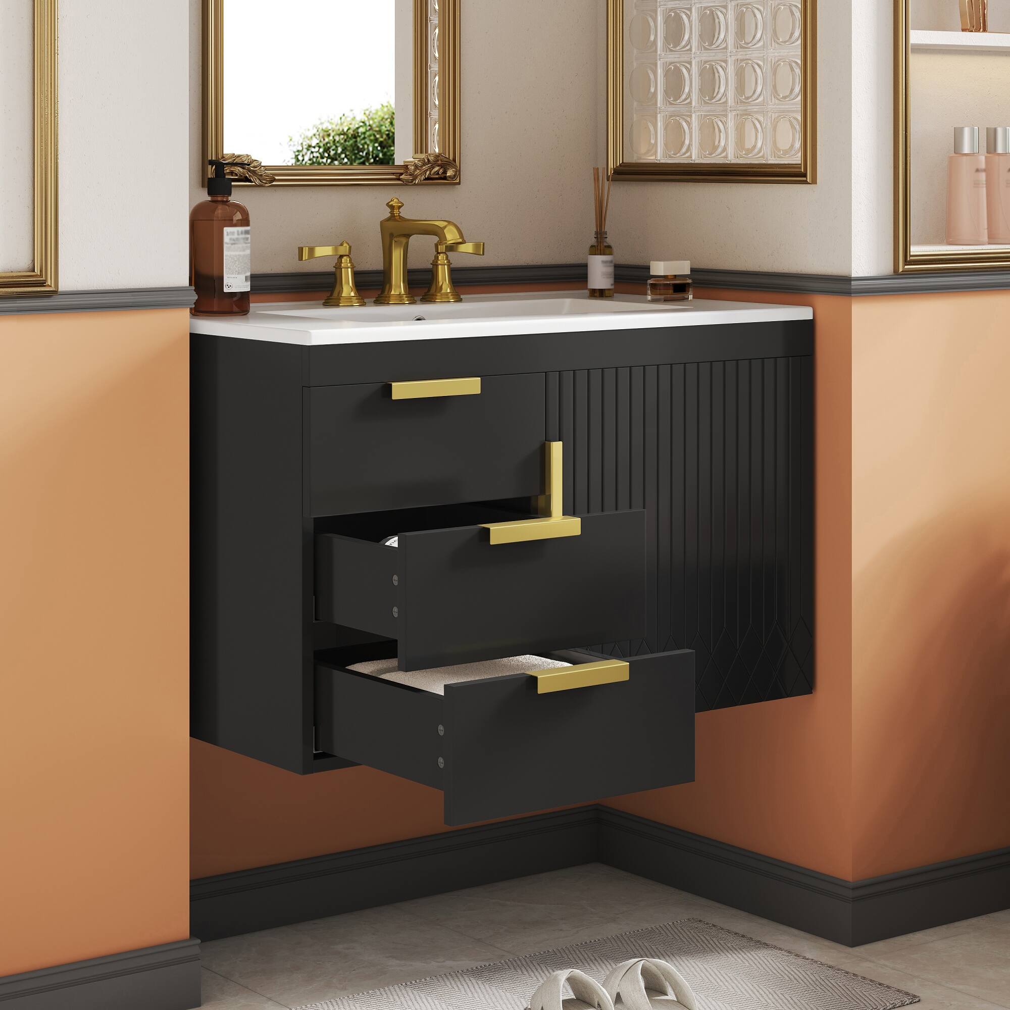 Alt View 2. Boyel Living - 30 Inch Wall Mounted Bathroom Vanity with Ceramic Sink and Drawers Black - Black.