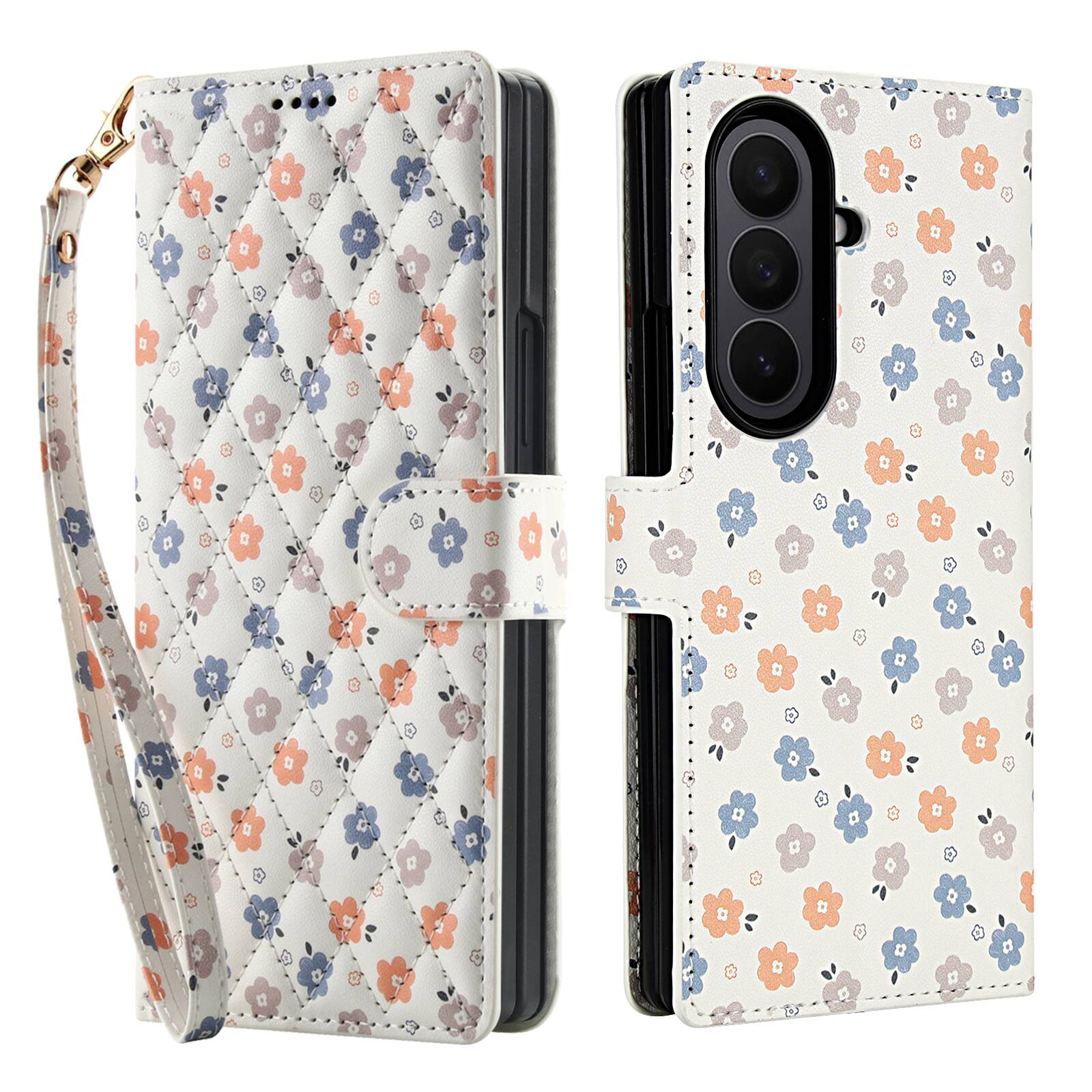 Angle. Dteck - Floral Wallet Case for Samsung Galaxy Z Fold7 with Wrist Strap, Premium PU Leather Shockproof Protective Flip Cover - B.