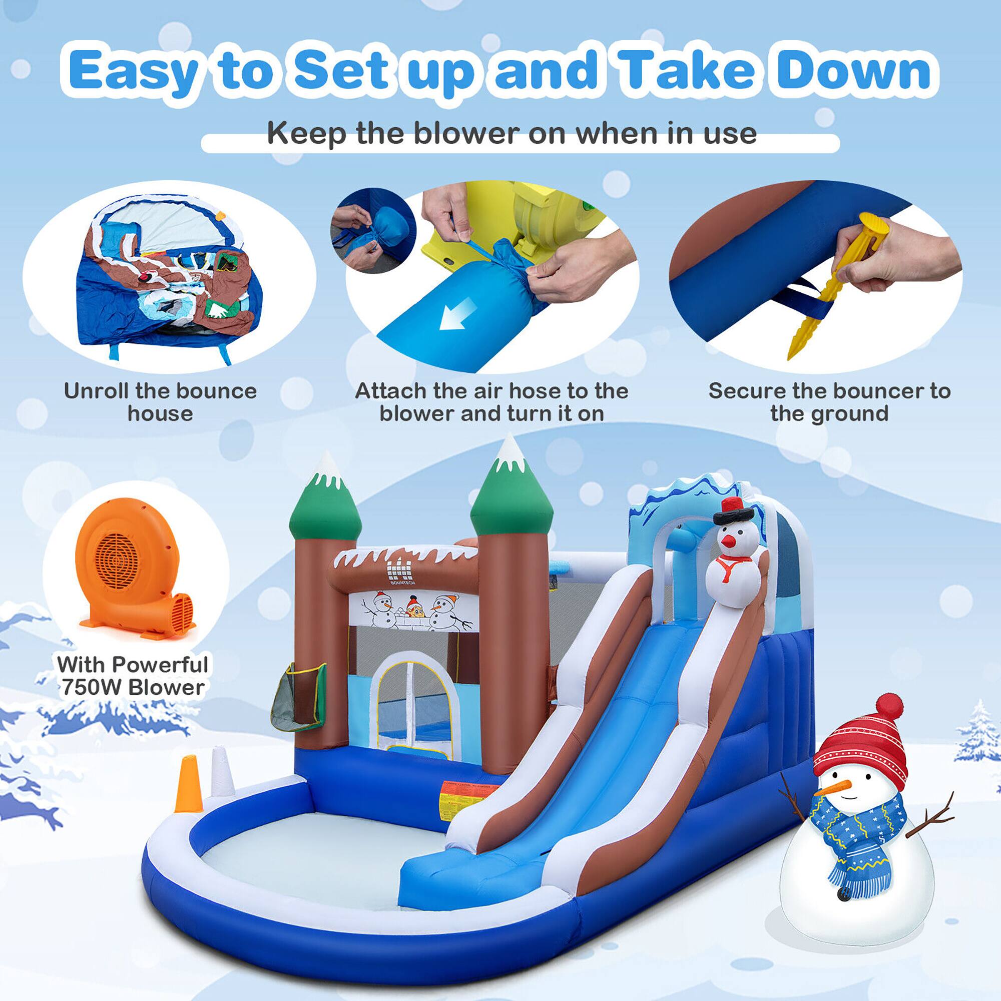 Easy to Set up and Take Down

Keep the blower on when in use

Unroll the bounce house

Attach the air hose to the blower and turn it on

Secure the bouncer to the ground

With Powerful 750W Blower