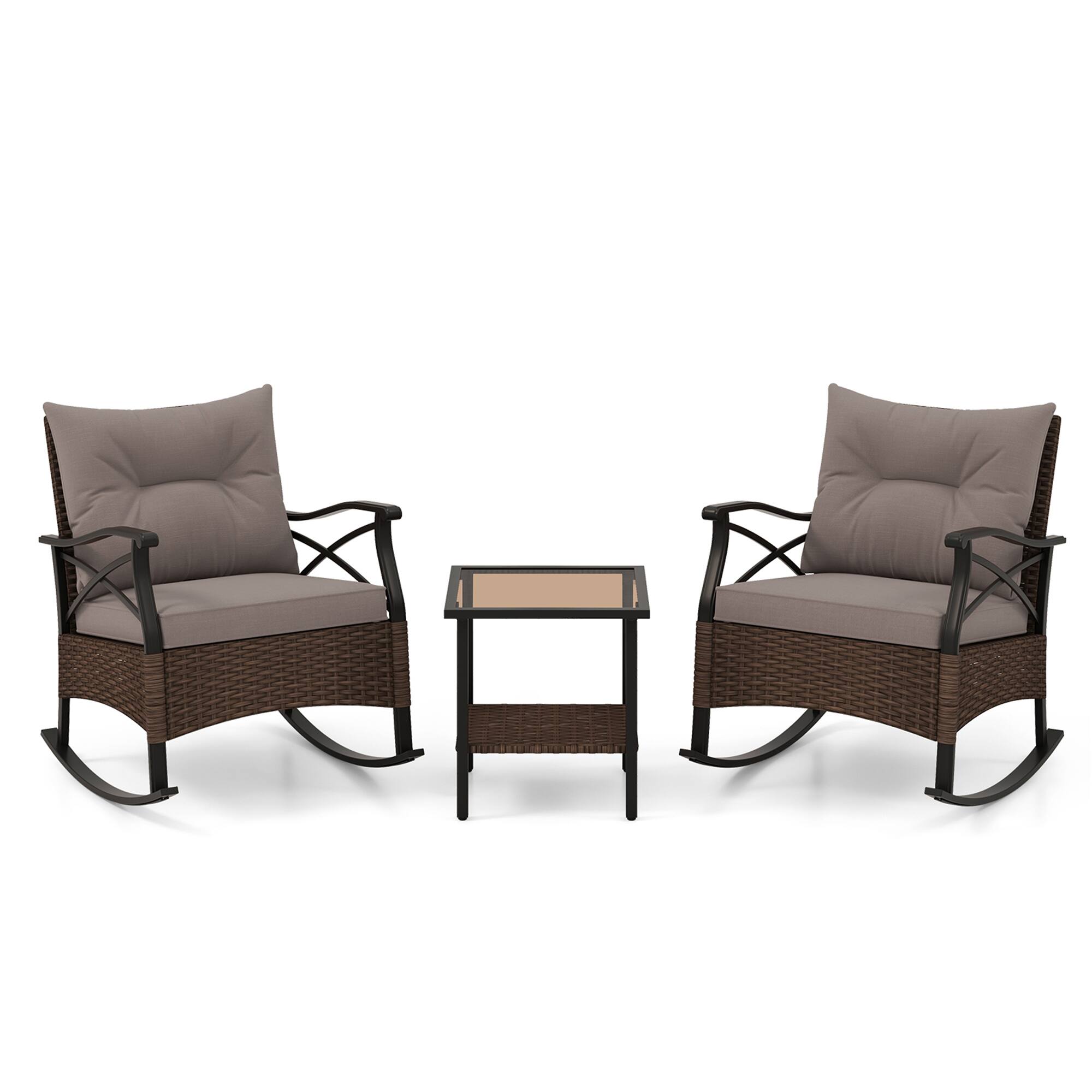 Alt View 9. Gymax - Gymax 3 PCS Patio Rocker Set w/ 2-Tier Coffee Table & Soft Seat Back Cushions Outdoor - Brown.