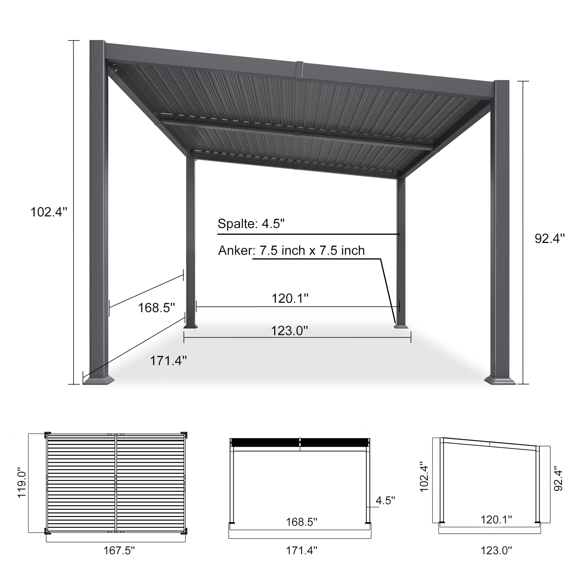 102.4" Spalte: 4.5" Anker: 7.5 inch x 7.5 inch  
92.4" 168.5" 120.1" 123.0" 171.4" 119.0" 168.5" 4.5" 102.4" 120.1" 92.4" 167.5" 171.4" 123.0"