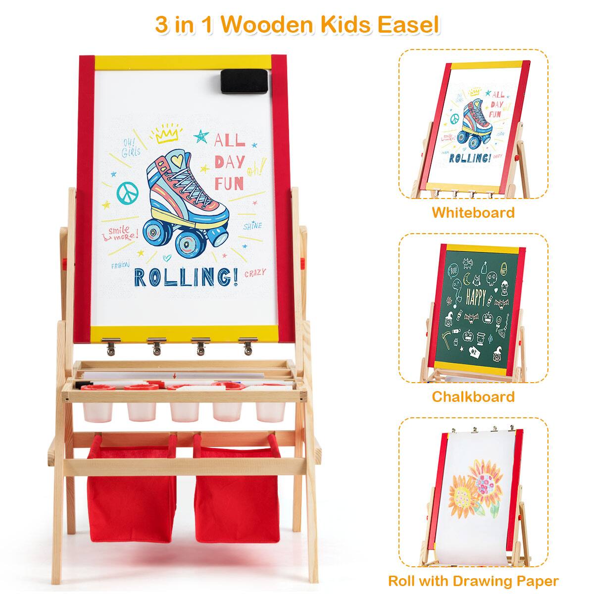 3 in 1 Wooden Kids Easel: All Day Fun! Girls and Boys All Day Fun! Roll with Drawing Paper