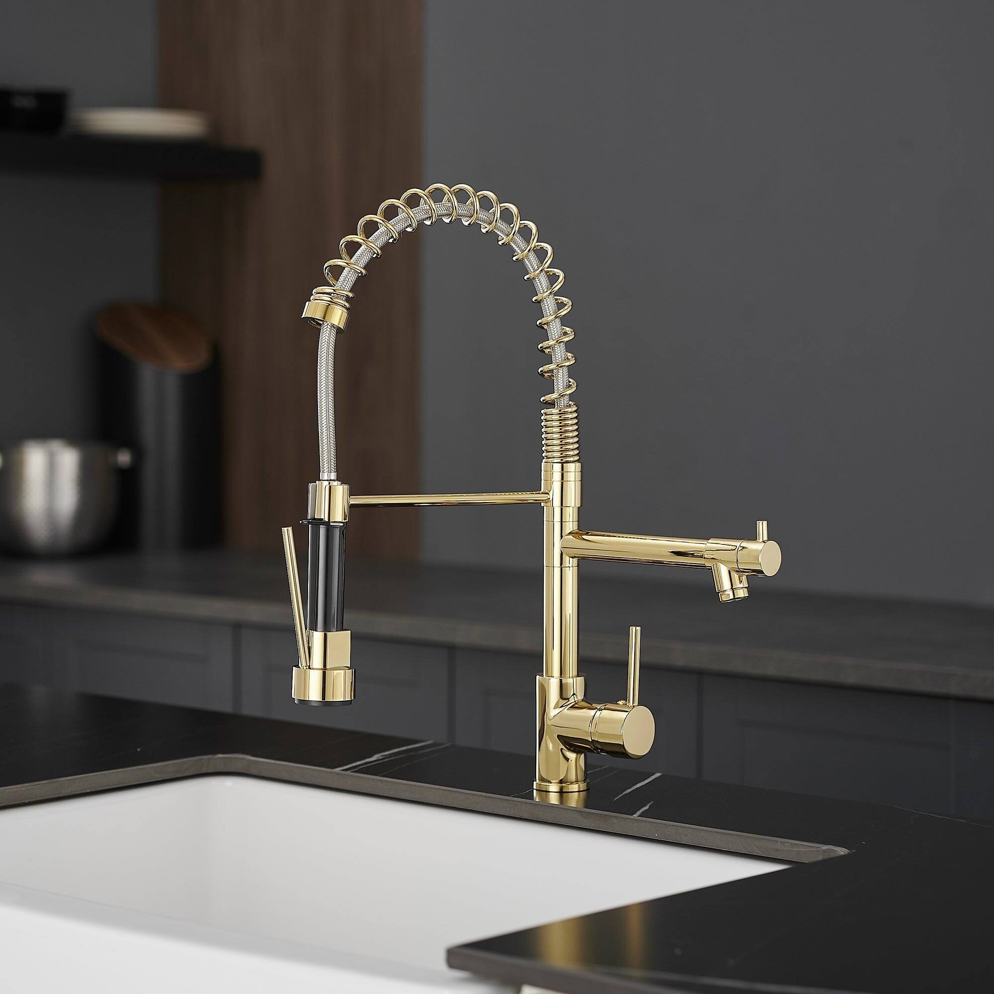 Alt View 2. Boyel Living - Contemporary Single Handle Gooseneck Pull Down Sprayer Kitchen Faucet Brushed Gold - Brushed Gold.