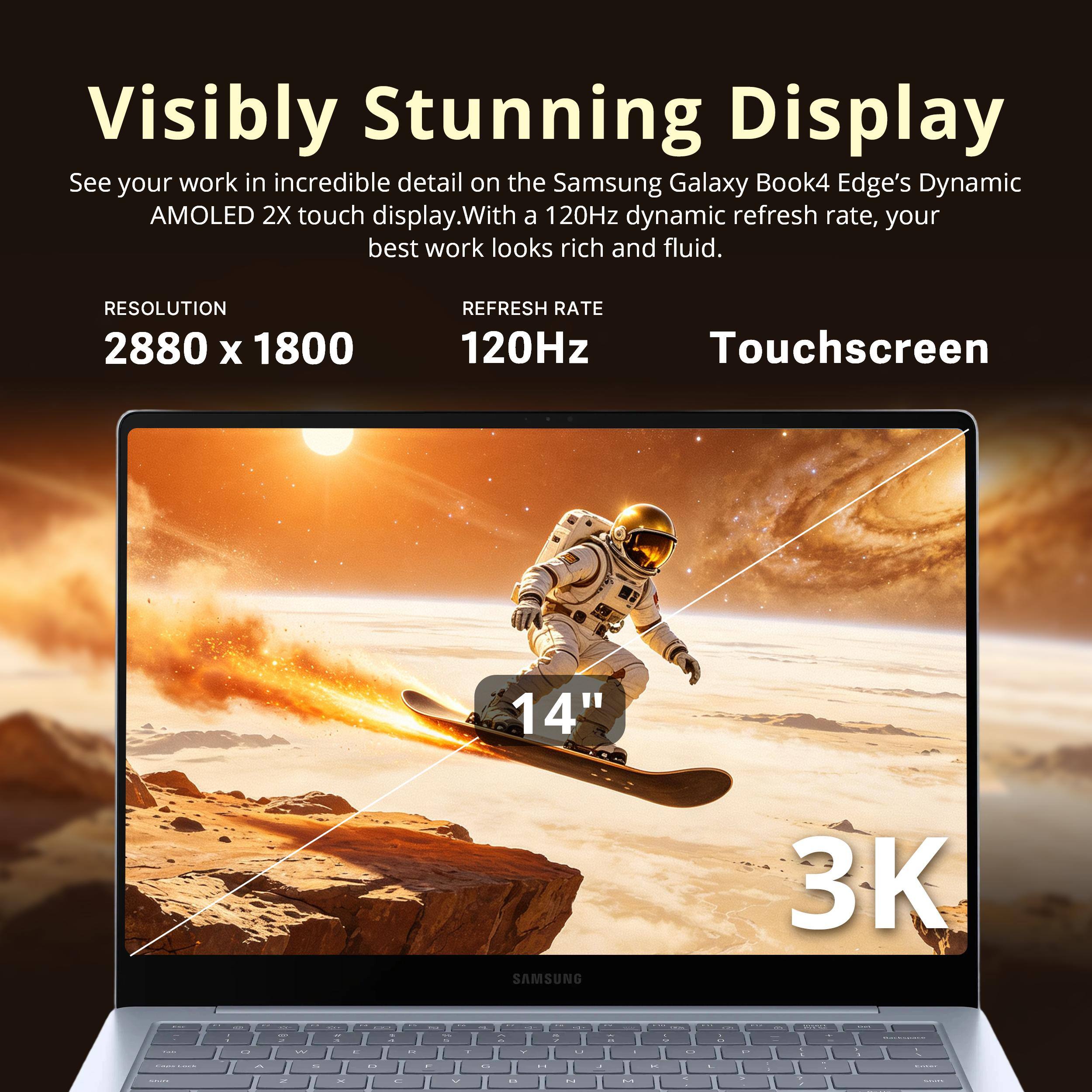 Visibly Stunning Display  
See your work in incredible detail on the Samsung Galaxy Book4 Edge's Dynamic AMOLED 2X touch display. With a 120Hz dynamic refresh rate, your best work looks rich and fluid.  

RESOLUTION: 2880 x 1800  
REFRESH RATE: 120Hz  
Touchscreen: 14" SAMSUNG 3K