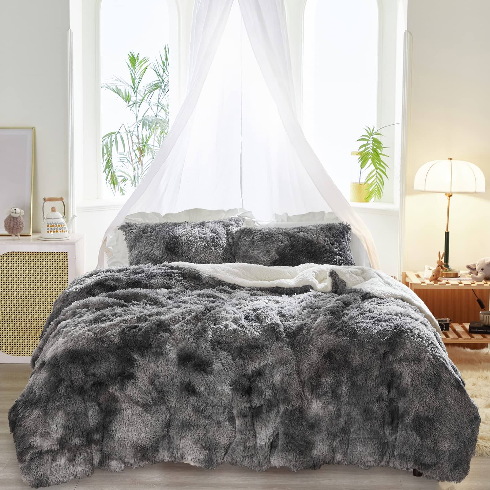 Front. PARKER SLATER - 3-piece Plush Shaggy Comforter Set Full/queen Size Luxury Faux Sherpa Reversible Bedding Ultra Cozy Warm Fluffy... - Tie-dye Black-Queen (88"x88").
