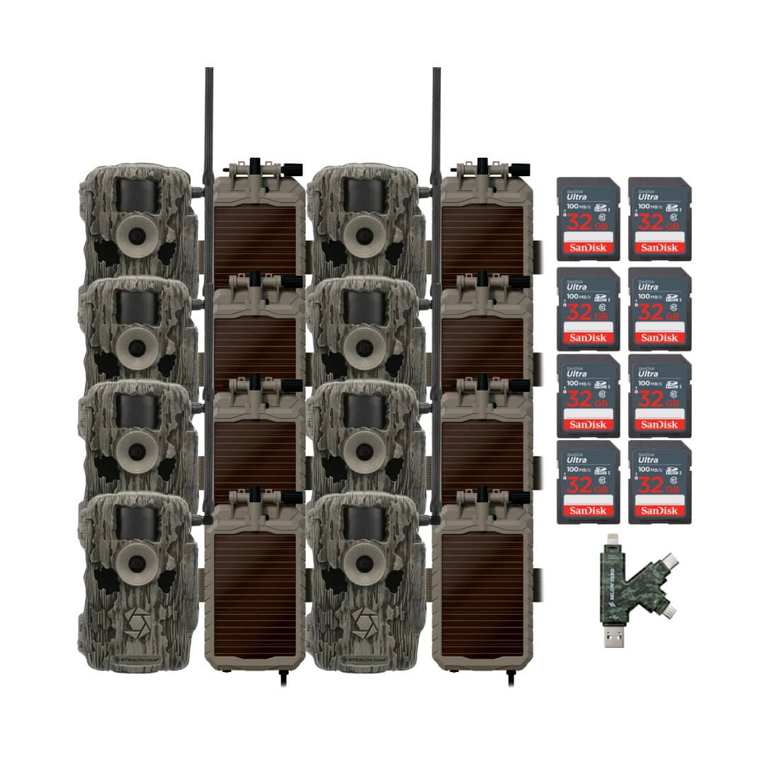 Stealth Cam - (Eight) Fusion MAX Dual Sim 36MP Trail Camera with Solar Power Panel Battery Camera Holder