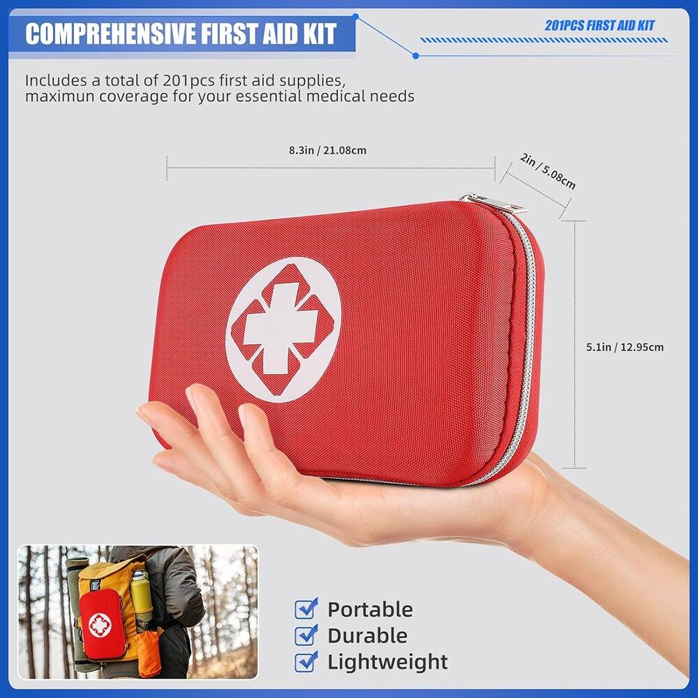 COMPREHENSIVE FIRST AID KIT

Includes a total of 201 pcs first aid supplies, maximum coverage for your essential medical needs

8.3in / 21.08cm  
5.1in / 12.95cm  
2in / 5.08cm

201PCS FIRST AID KIT

Portable  
Durable  
Lightweight