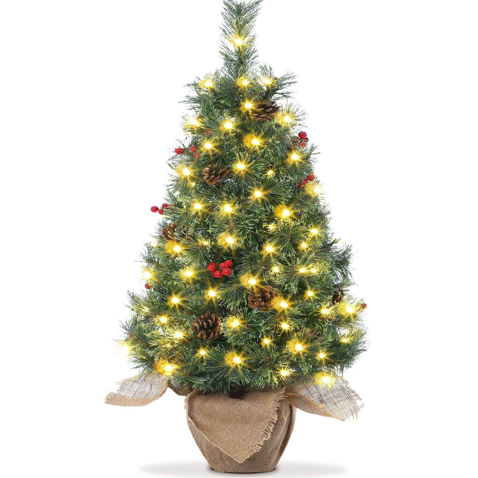 Qeetex - 3ft 78LED Mini Artificial Christmas Tree Burlap Base 78 Warm White LED Lights Xmas Tree Pine Cones Red Berries Clusters - Green