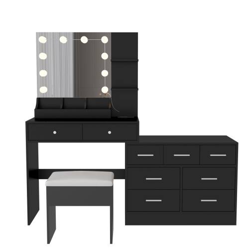 Winado - Large Vanity Desk with LED Lighted Mirror & Power Outlet Makeup Dressing Table - Black