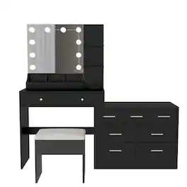 Winado - Large Vanity Desk Set with Stool & Built in Power Outlet,10 LED 3 Colors Lights Bulbs Makeup Table and 9 Drawer Dresser - Black