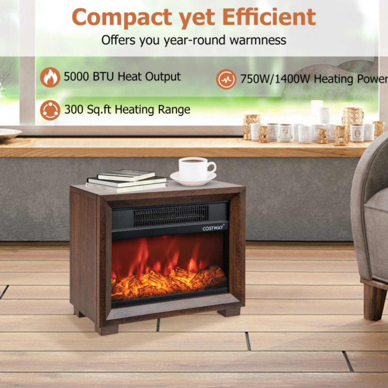 Compact yet Efficient  
Offers you year-round warmth  
5000 BTU Heat Output  
750W/1400W Heating Power  
300 Sq.ft Heating Range  
COSTWAY