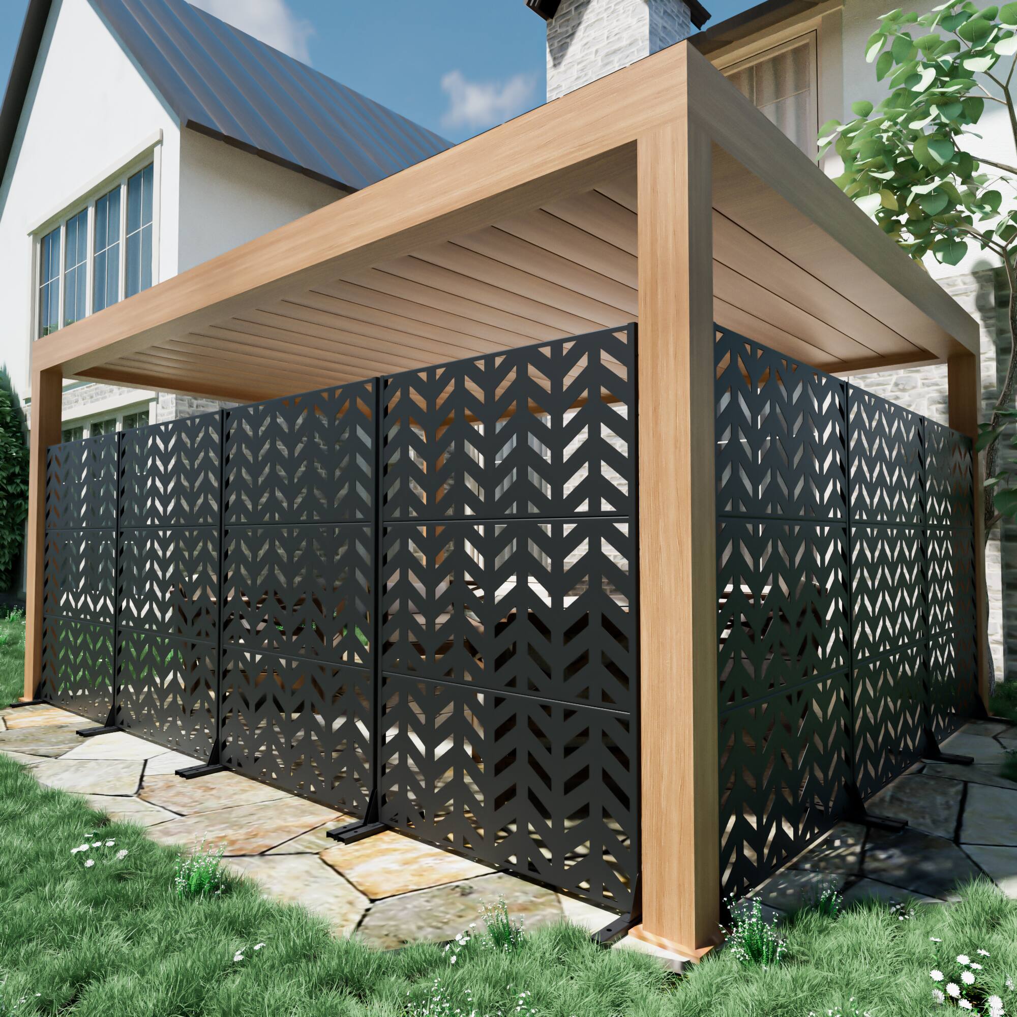 Alt View 1. PexFix - 72 in. x 47 in. Keith Pattern Metal Outdoor Privacy Screen & Panels, Freestanding Garden Divider Fence - Black.