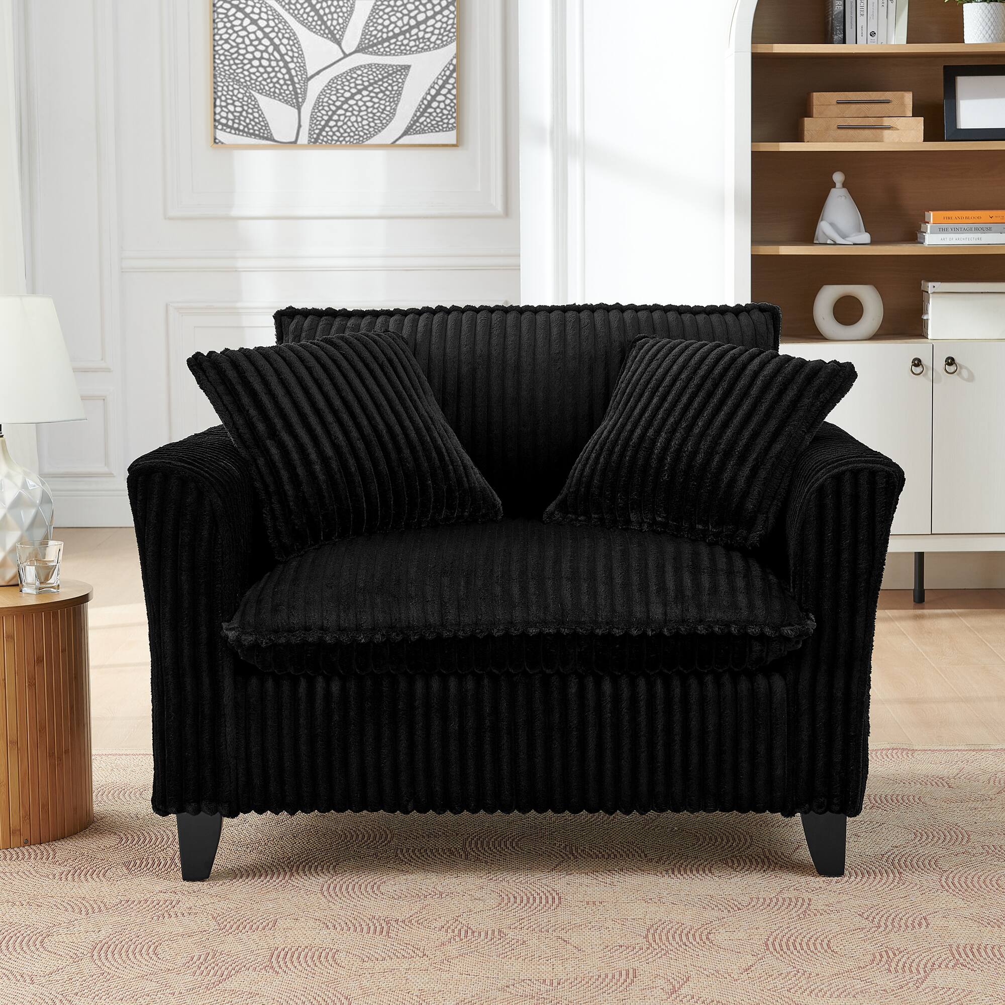 Angle. Trinkets Crazed - Wide Accent Armchair with Pillows,Corduroy Oversized Single Sofa, Chair and a Half with Wide Armrest for Living Room - Black.