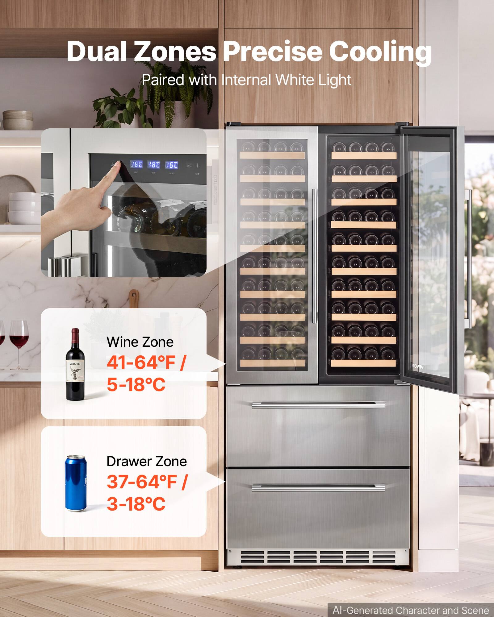 Dual Zones Precise Cooling Paired with Internal White Light

Wine Zone 41-64°F / 5-18°C

Drawer Zone 37-64°F / 3-18°C

AI-Generated Character and Scene