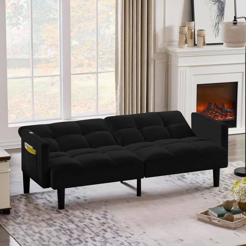 Alt View 3. Trinkets Crazed - Velvet Futon Couch Convertible Folding Sofa Bed Tufted Couch for Apartment  - black.