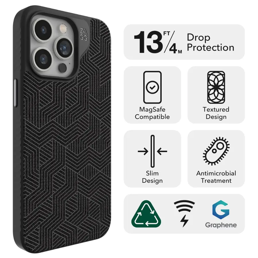 The text on the image reads: "ZA GG FT 1374. Drop 4M Protection MagSafe Compatible Textured Design Slim Design Antimicrobial Treatment G Graphene."