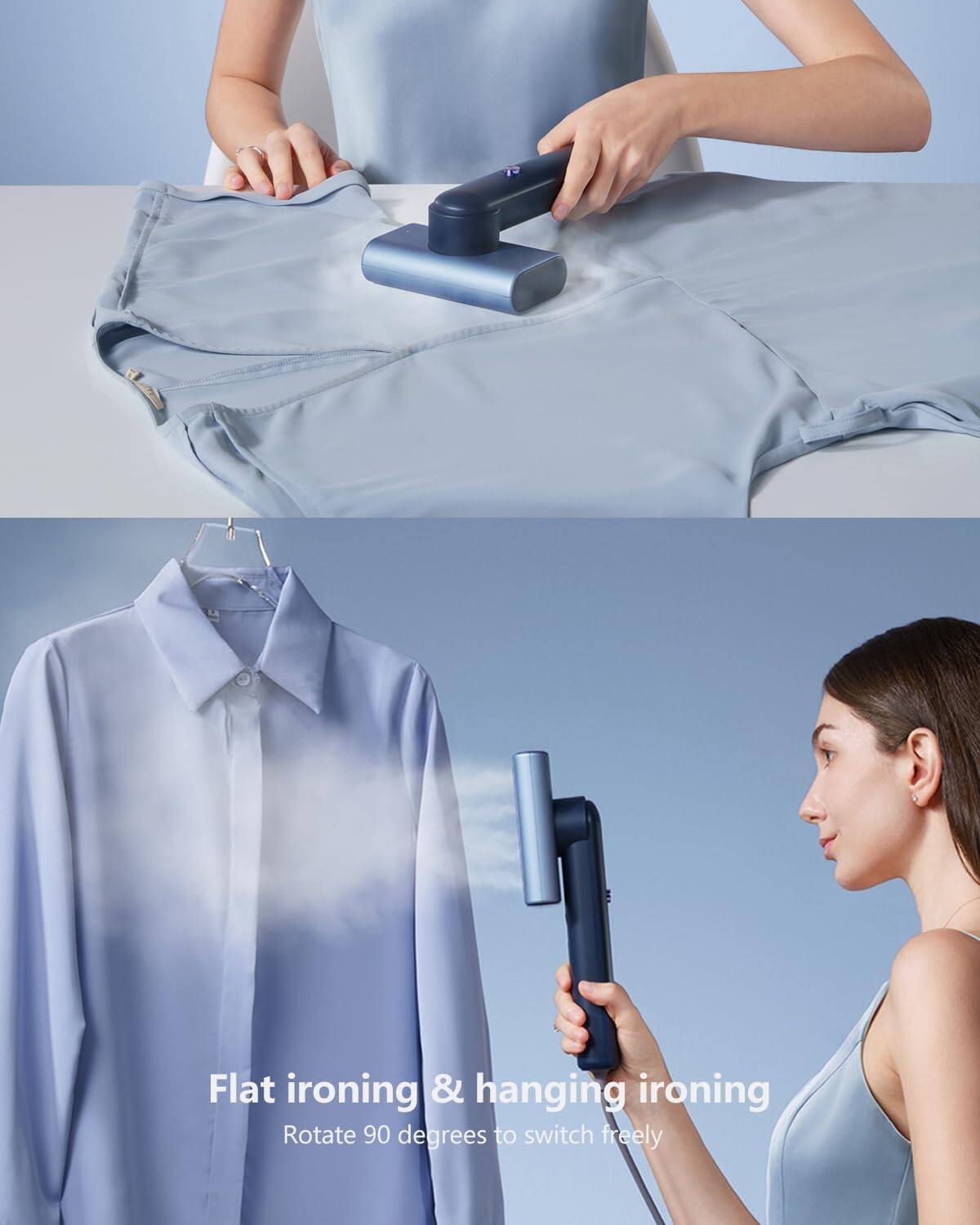 Flat ironing & hanging ironing  
Rotate 90 degrees to switch freely