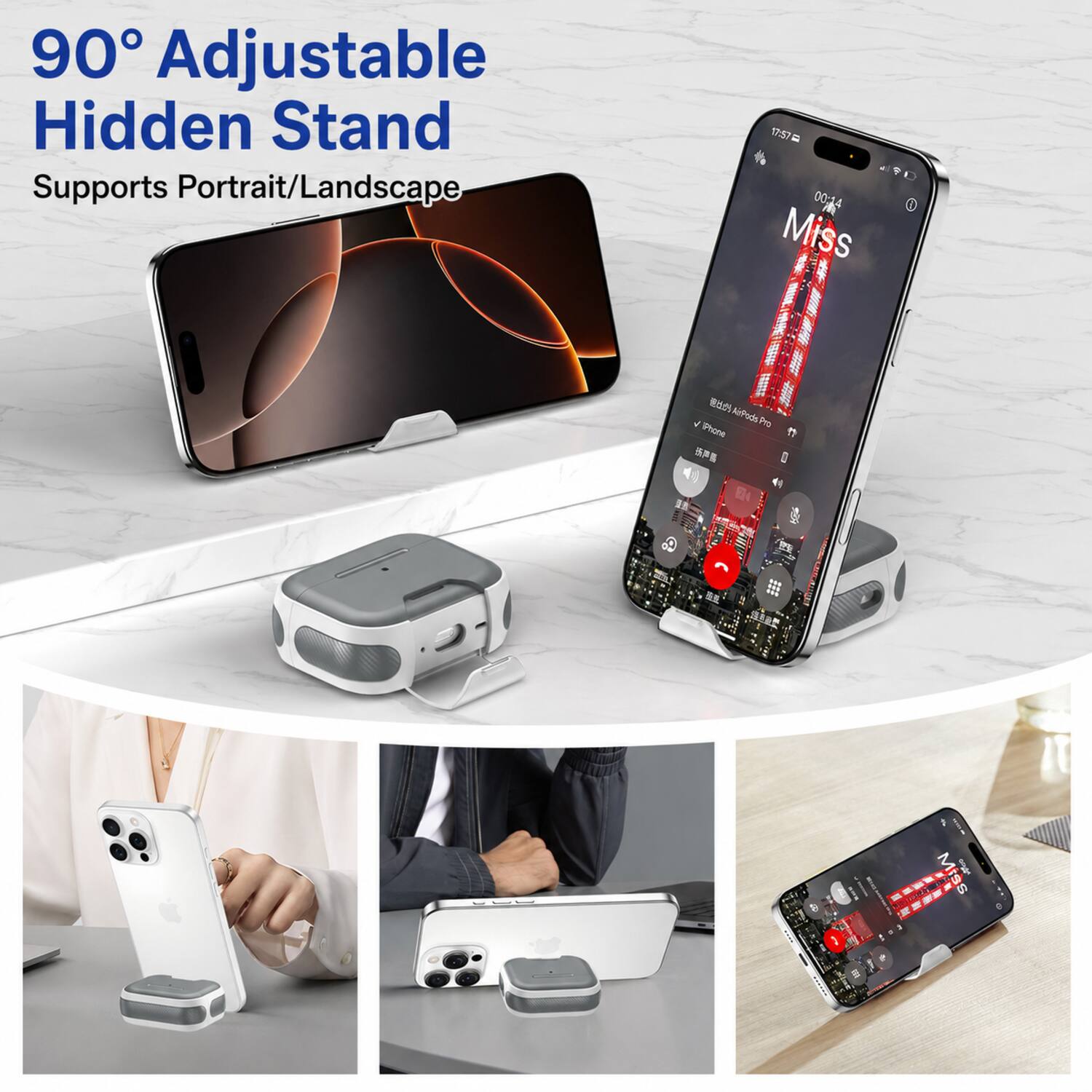 90° Adjustable Hidden Stand Supports Portrait/Landscape

17:57 00:00 Miss

4 iPhone AirPods Pro IN EN

8

Miss - S